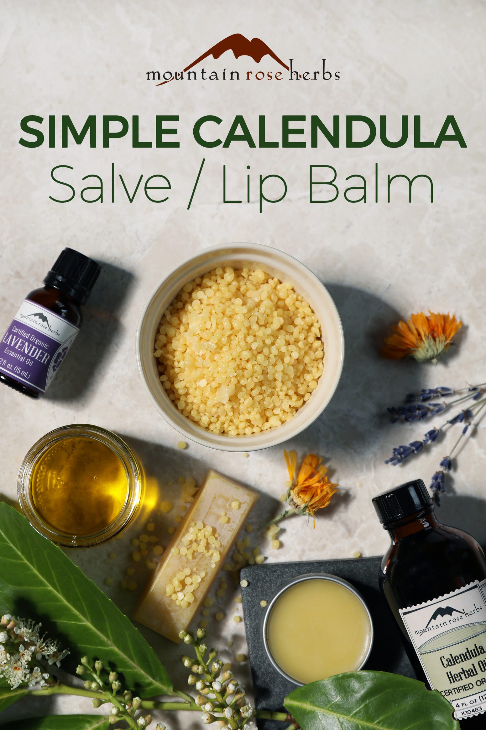 Calendula salve and lip balm recipe Pinterest pin from Mountain Rose Herbs.