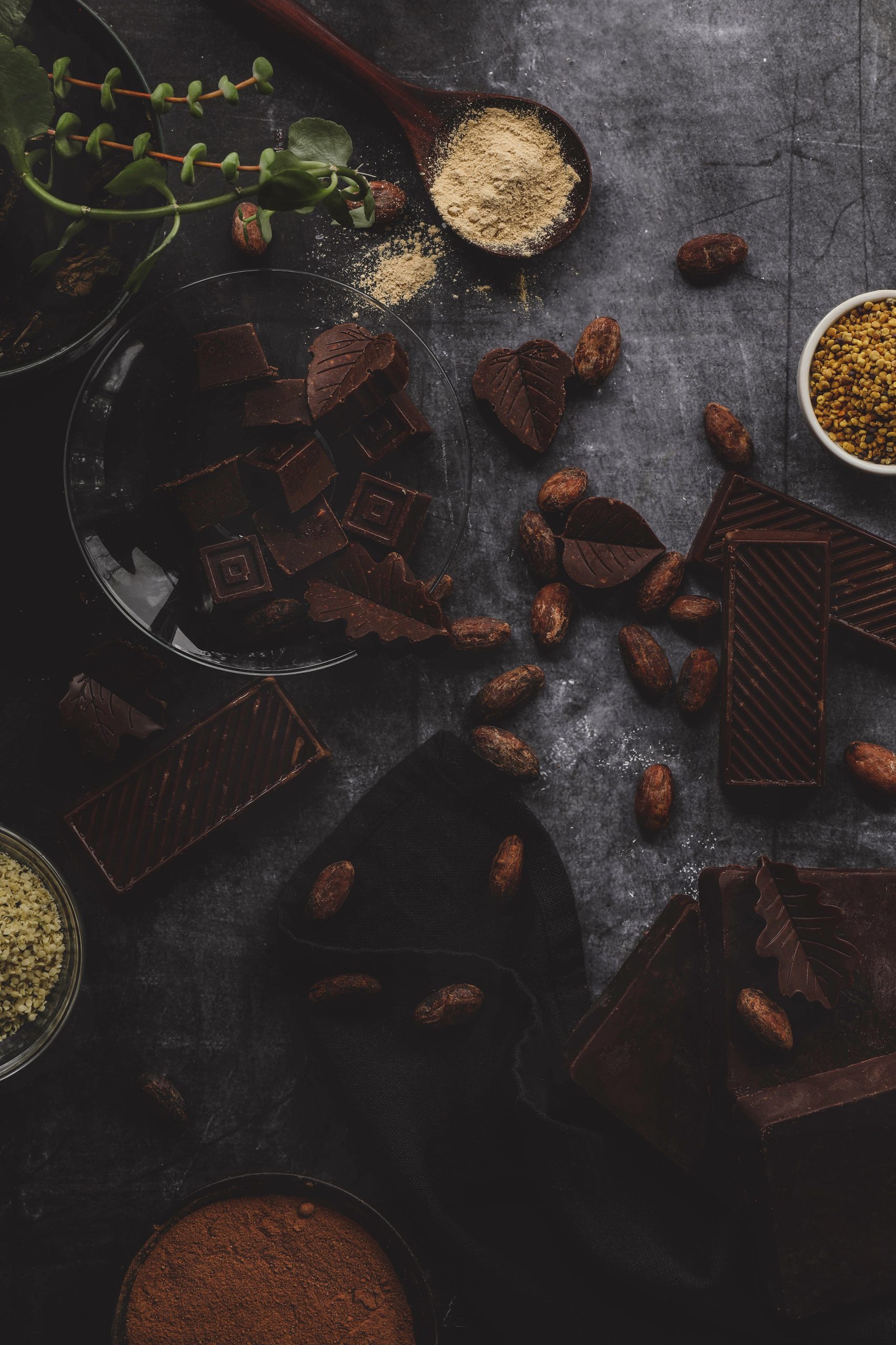 Chocolate with cacao beans and bee pollen