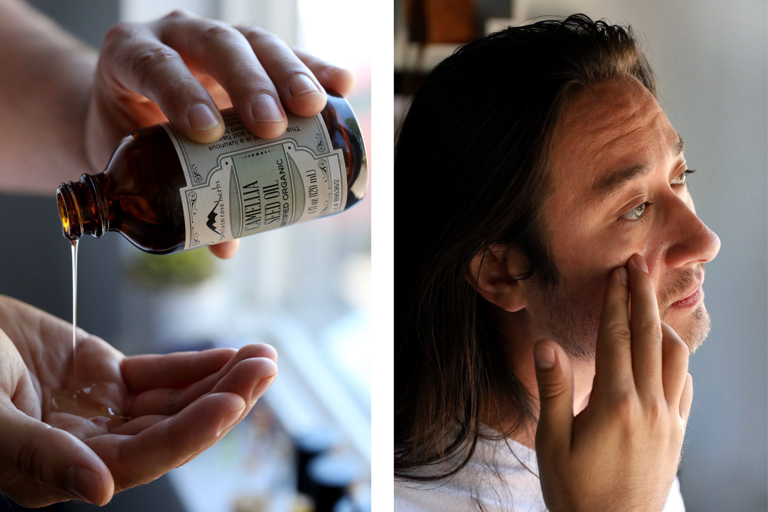 A handsome young man using organic camellia seed oil as a skin cleanser