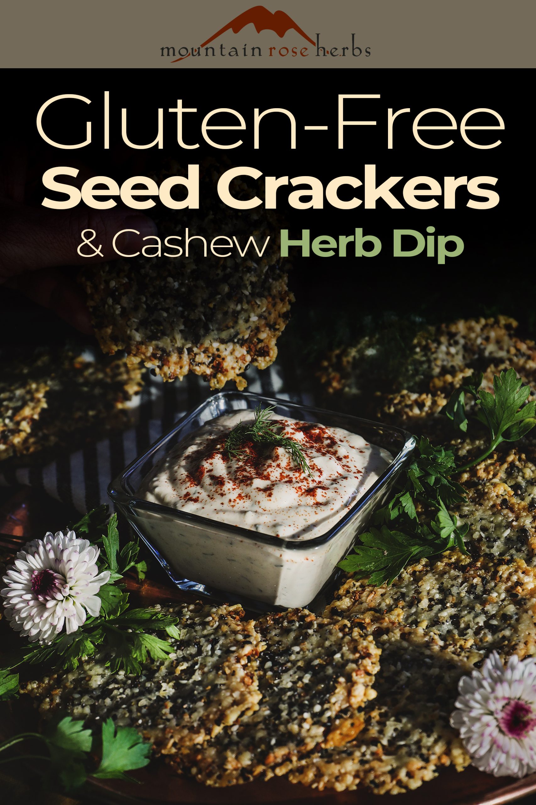 Holiday Appetizers: Seed Crackers with Cashew Sour Cream Dip Pinterest pin for Mountain Rose Herbs