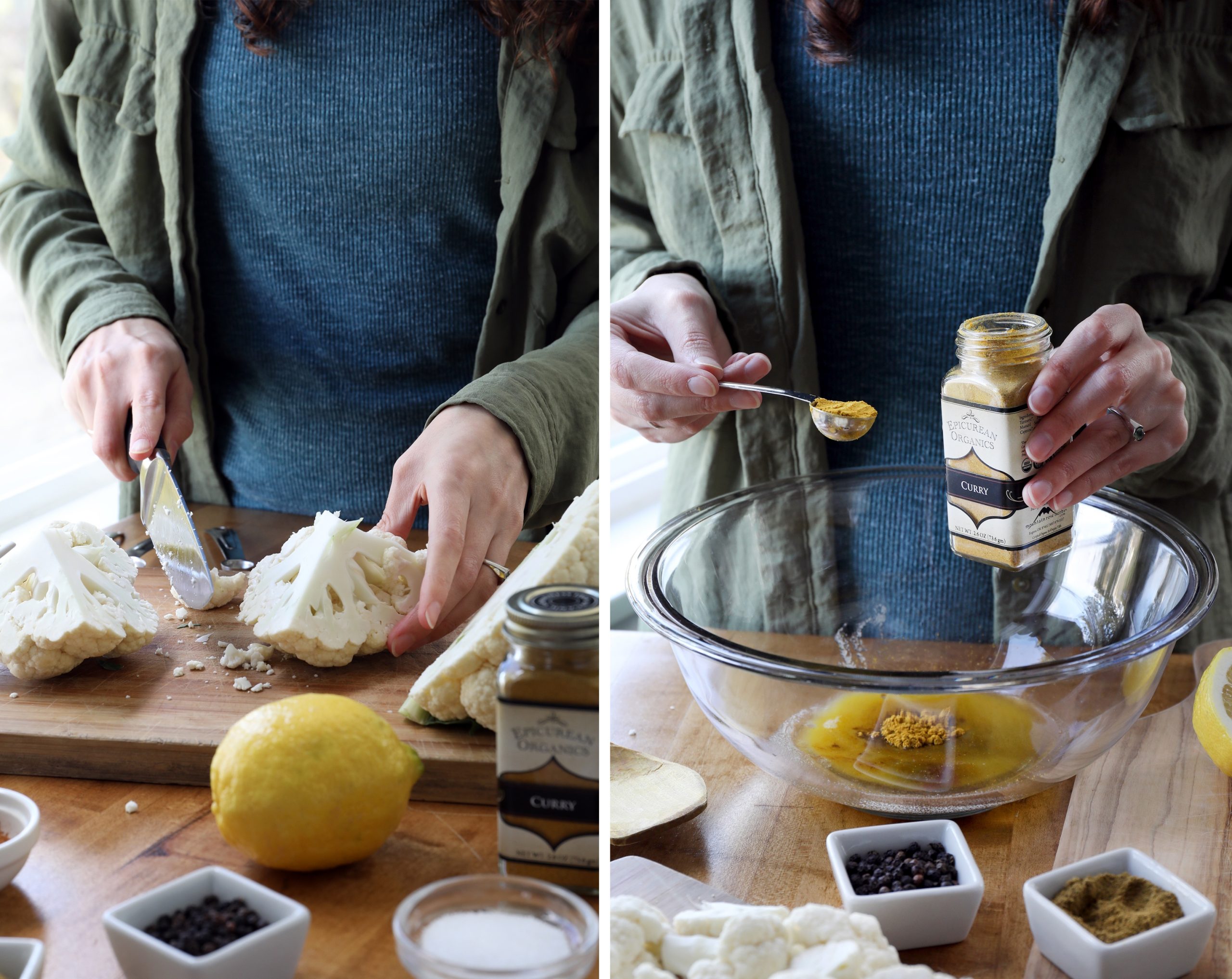 Photos of person cooking curried cauliflower with ingredients and knife and vegetables Photos of person cooking curried cauliflower with ingredients and knife and vegetables