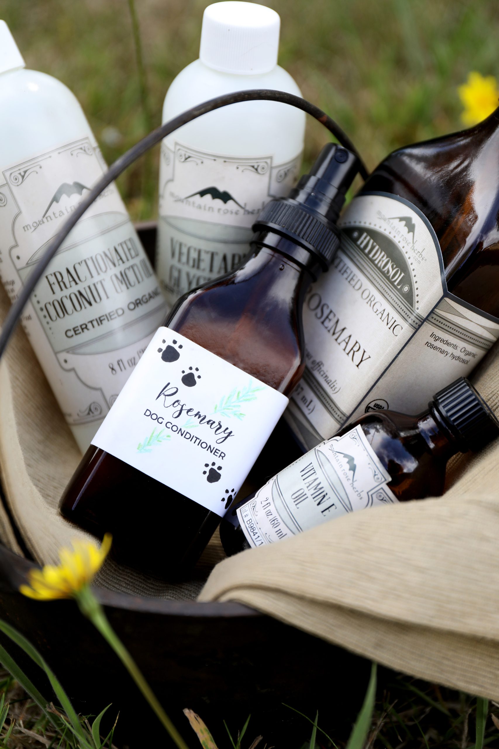 Ingredients in a basket to make leave-in conditioner for dogs, including MCT oil, vegetable glycerin, rosemary hydrosol, and vitamin E oil