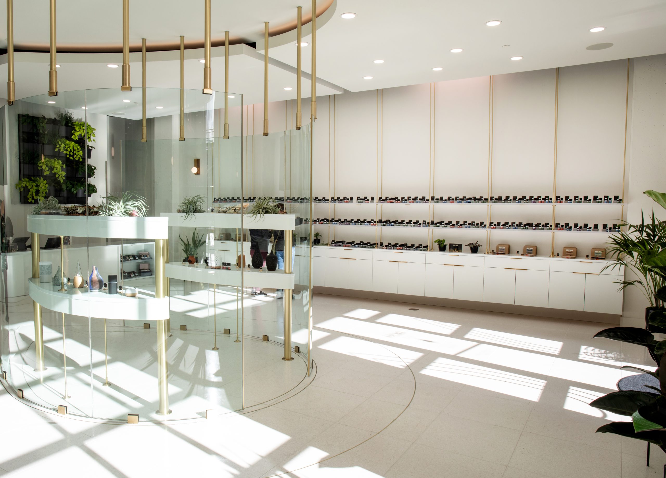 Mountain Rose Herbs Aroma Bar interior photo- shelves of glass bottles in bright modern and luxurious interior. 