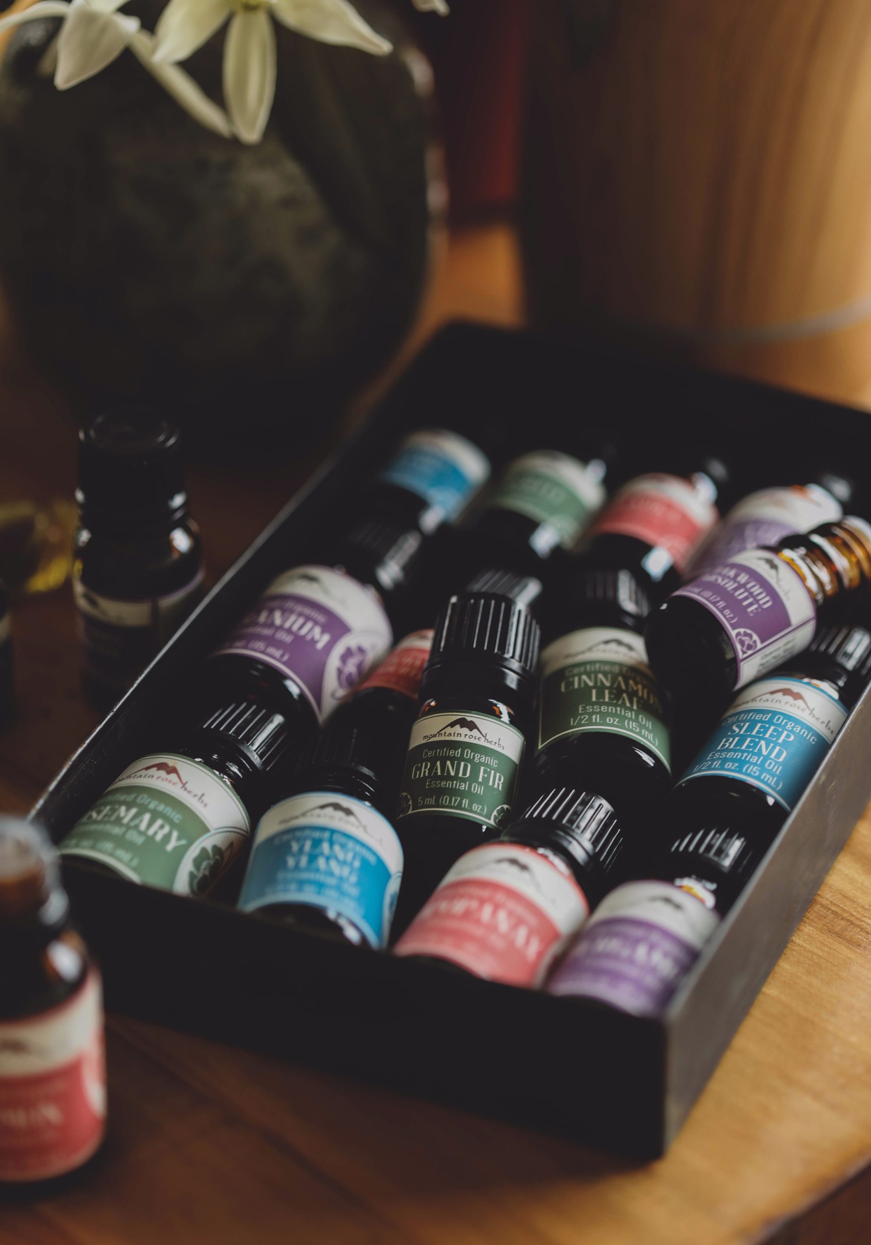 Colorful essential oil bottles