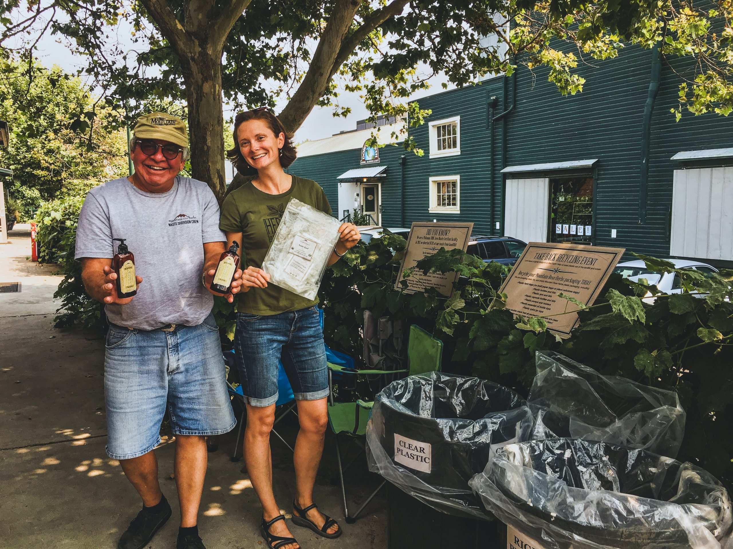 Mountain Rose Herbs employees showing off extensive recycling program.