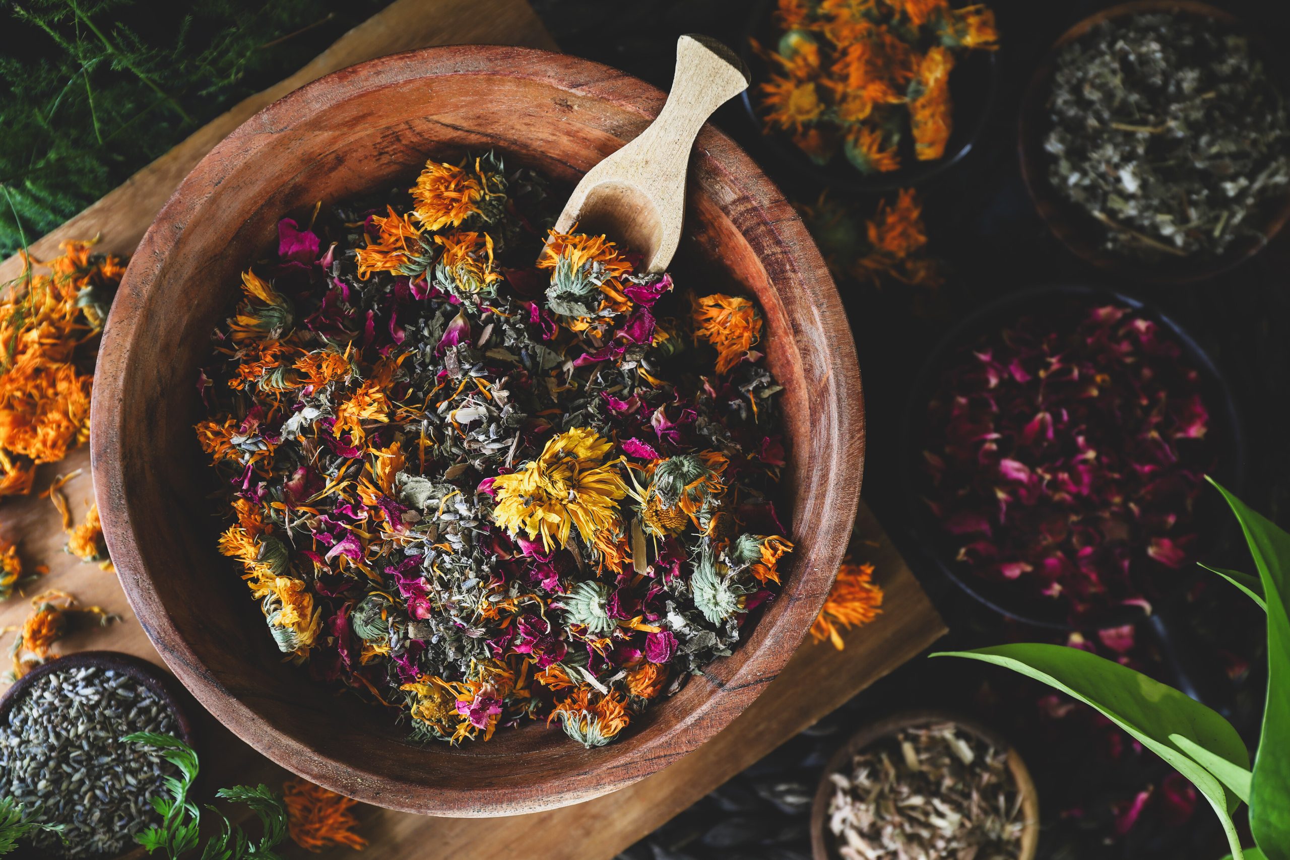 An overhead shot of dried herbs in a bowl