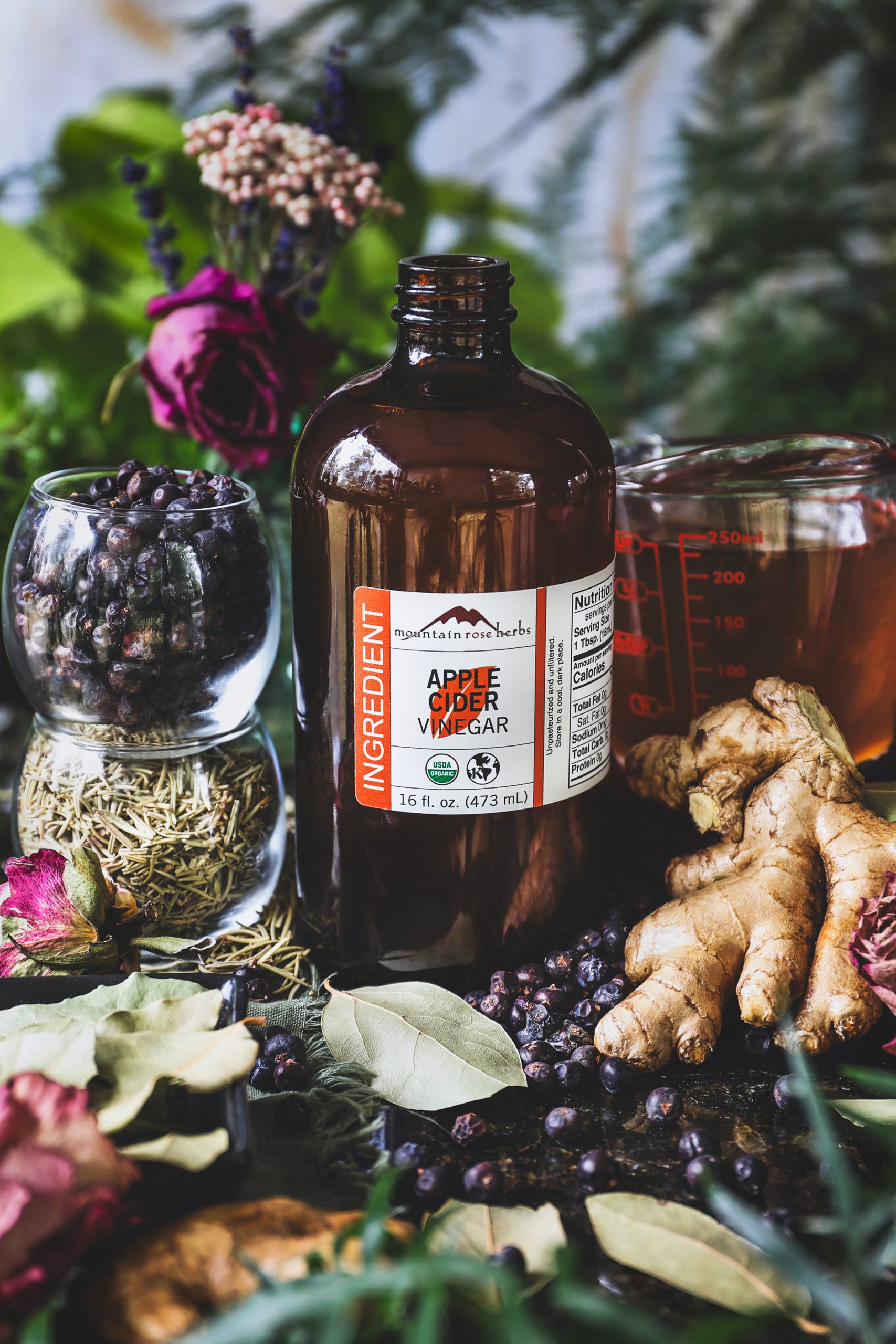 Apple cider vinegar sits with ingredients