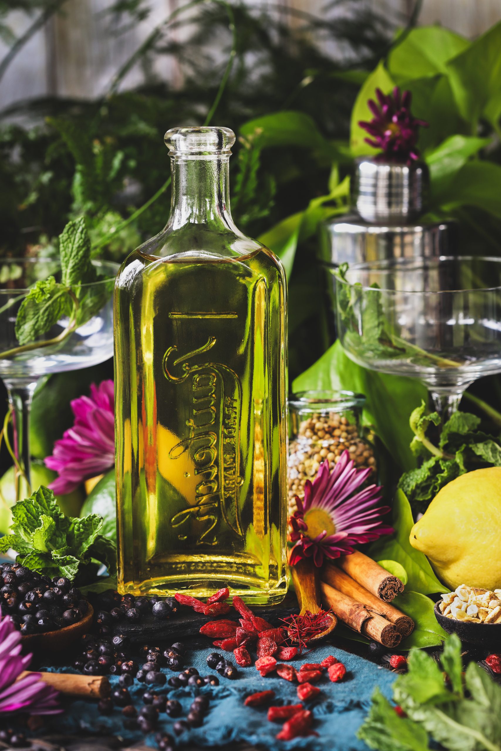 A bottle of herbal gin ready for cocktail making