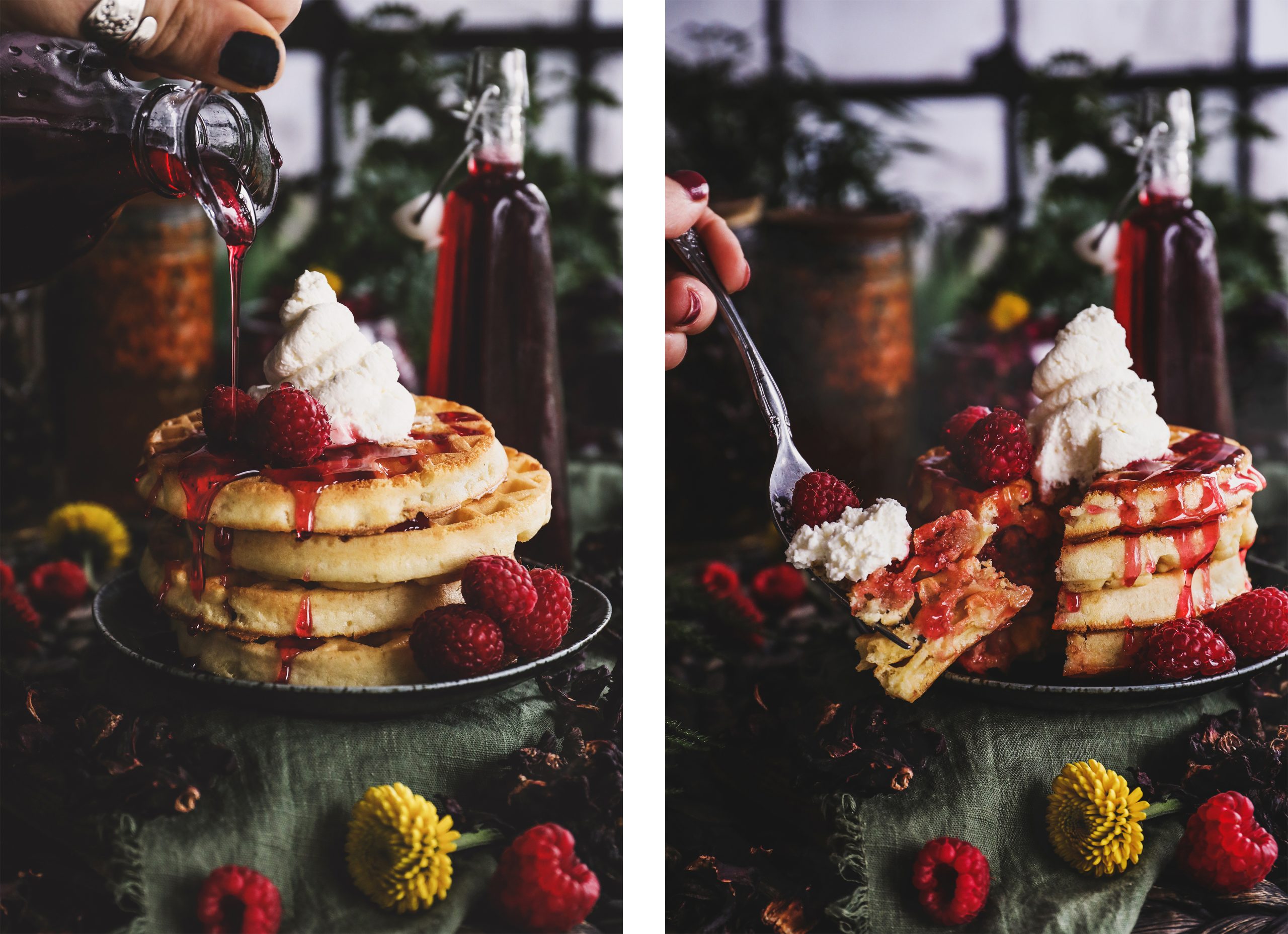 Herb infused syrup is drizzled over waffles