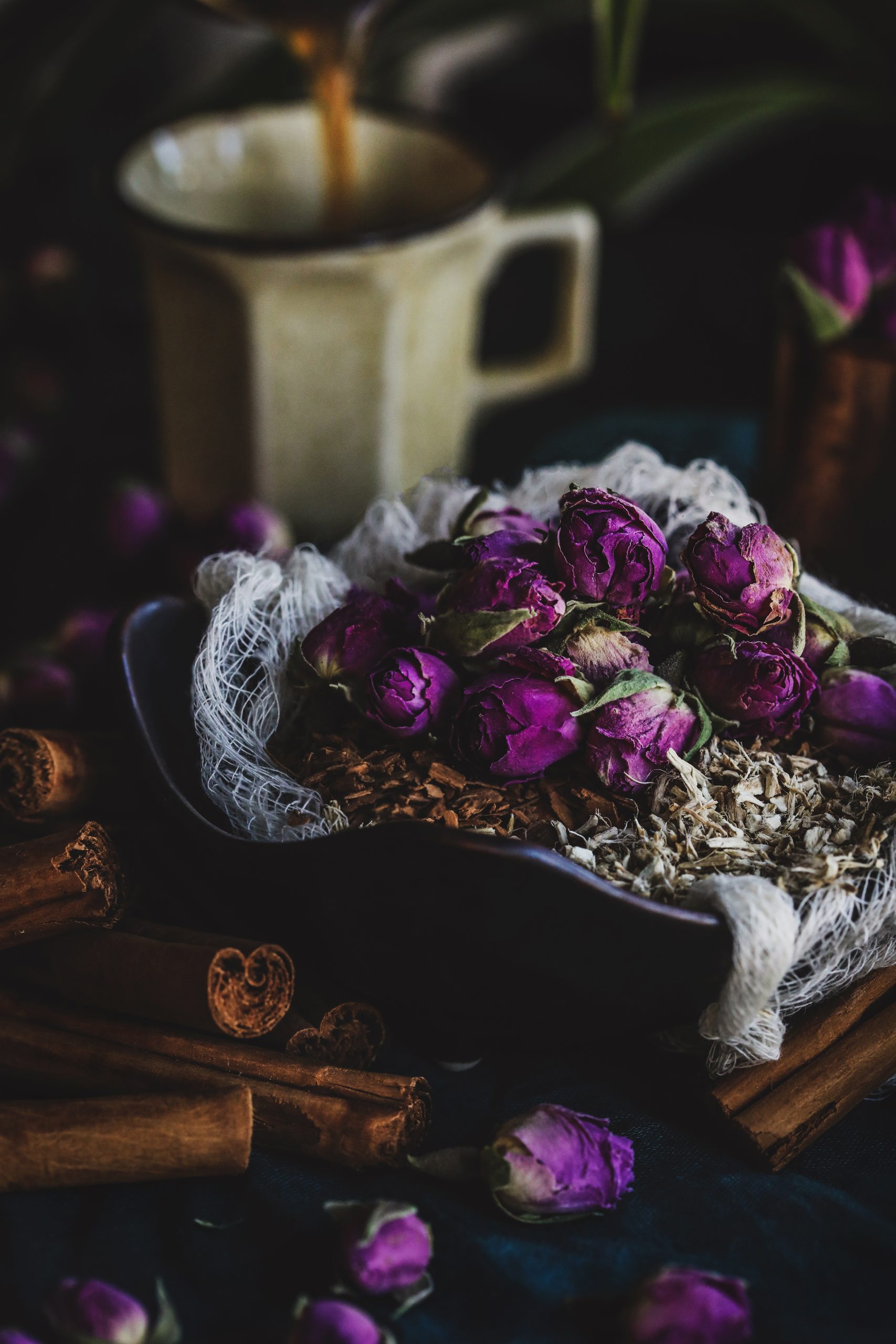 A digestive demulcent tea blend with rose buds on top.