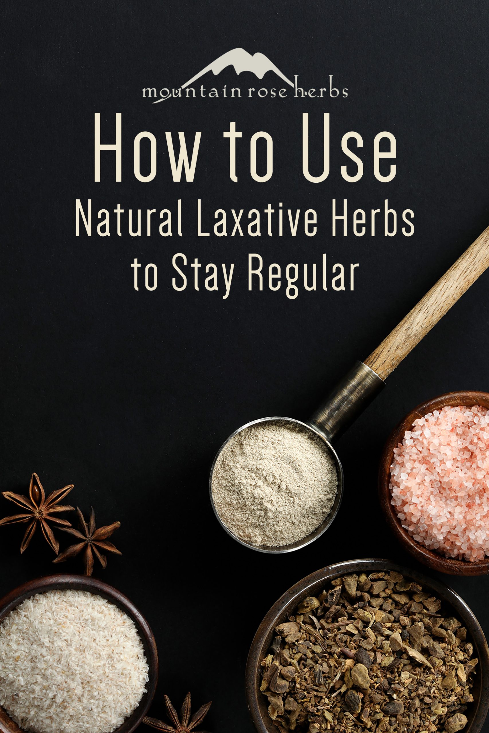 Natural laxative herbal to help with regularity features slippery elm bark powder, star anise, pink salts, and cascara sagrada bark.