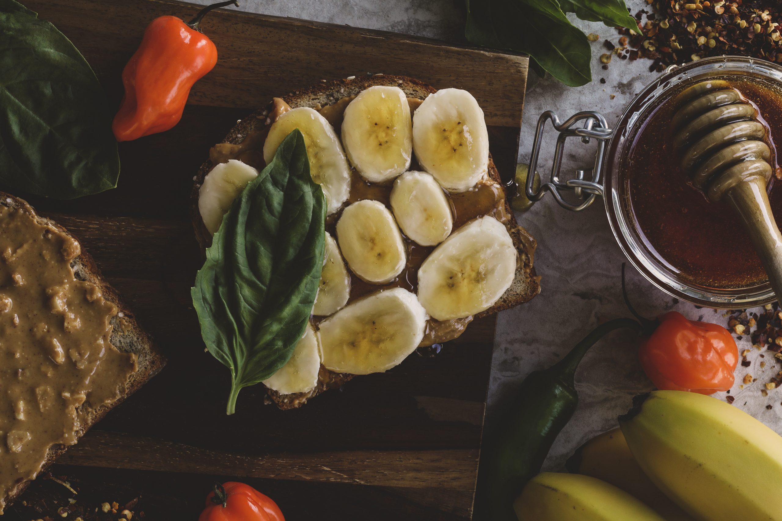 Hot honey banana basil peanut butter sandwich