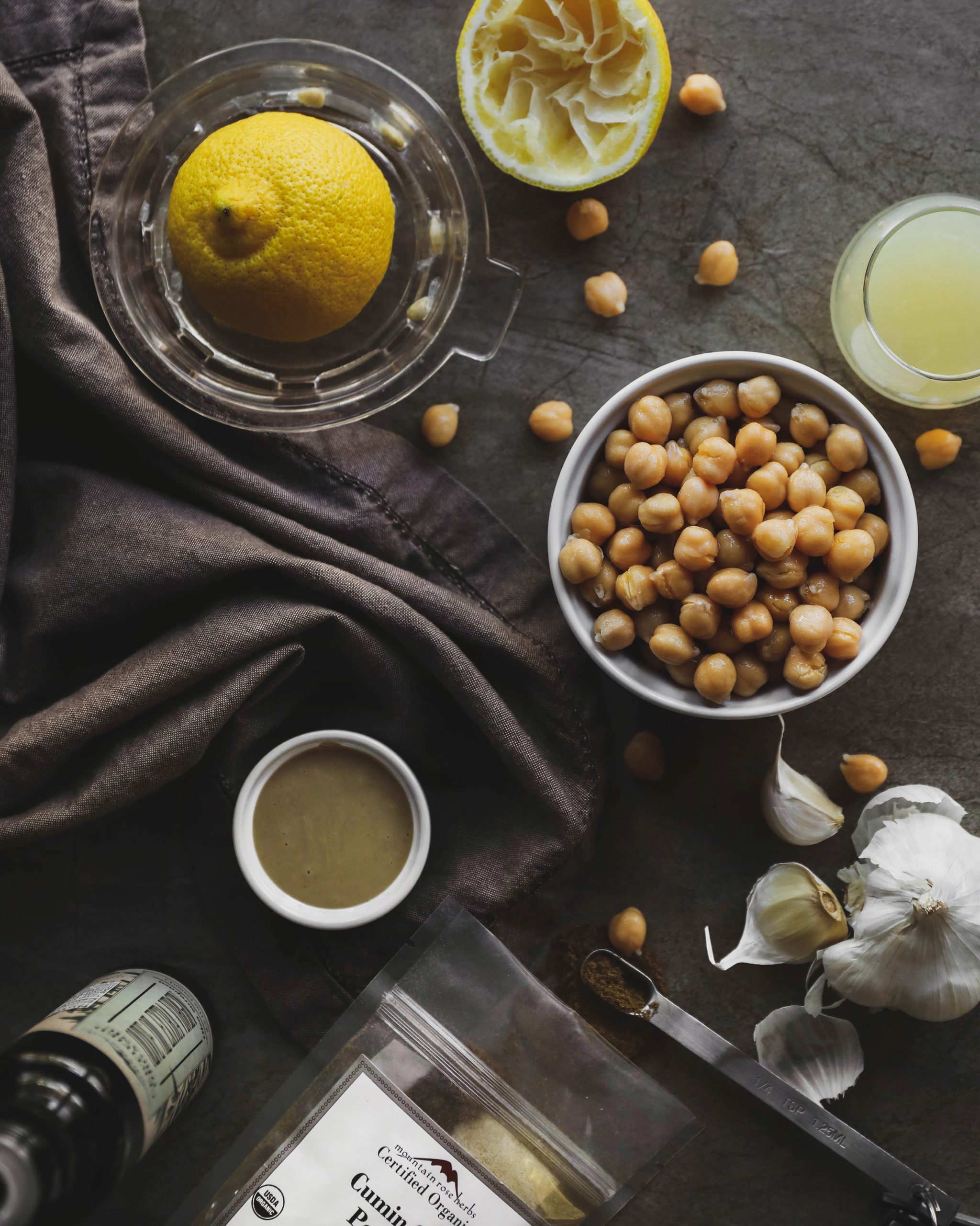 Hummus ingredients, chickpeas tahini and cumin