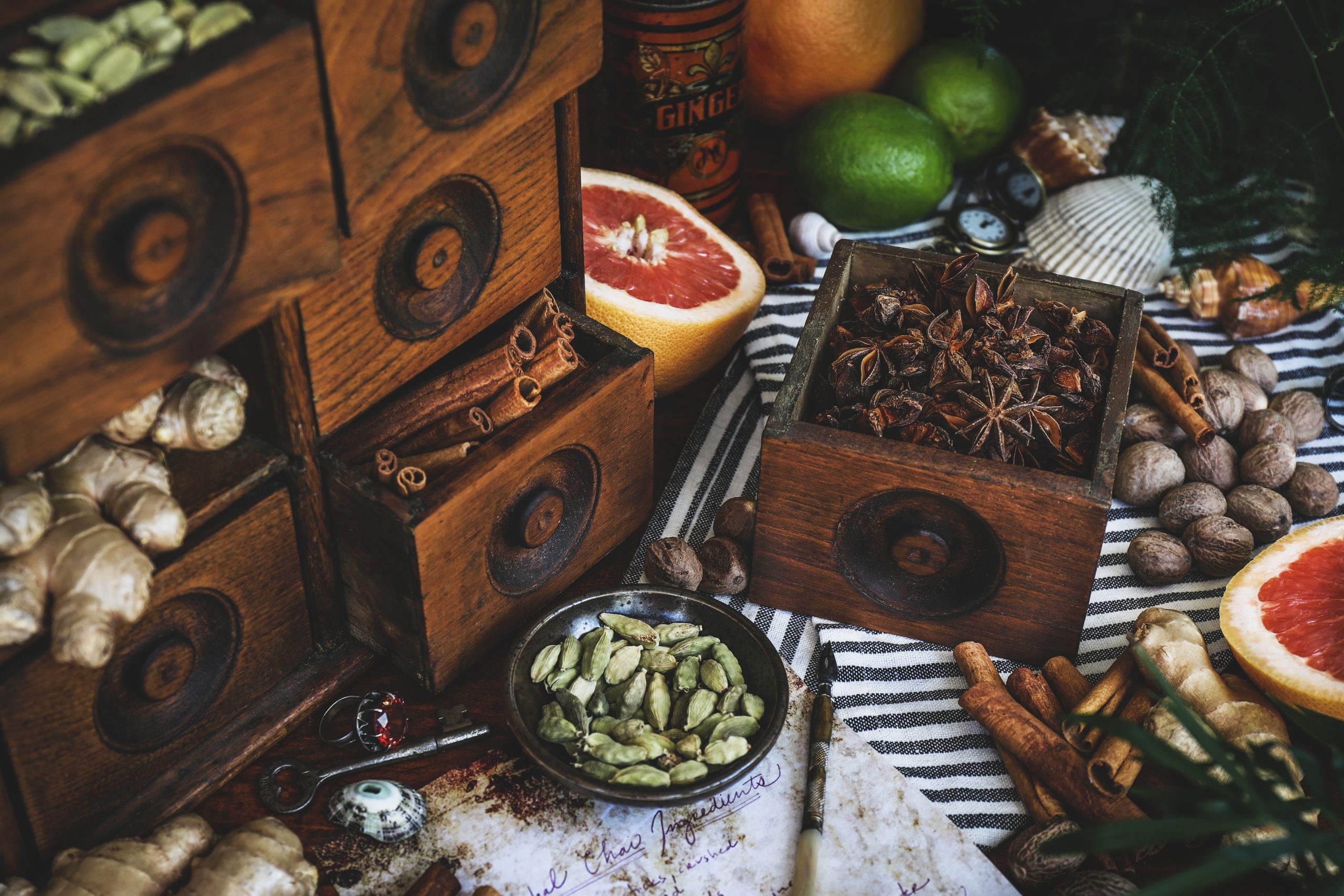 Chai or spiced rum ingredients sit out