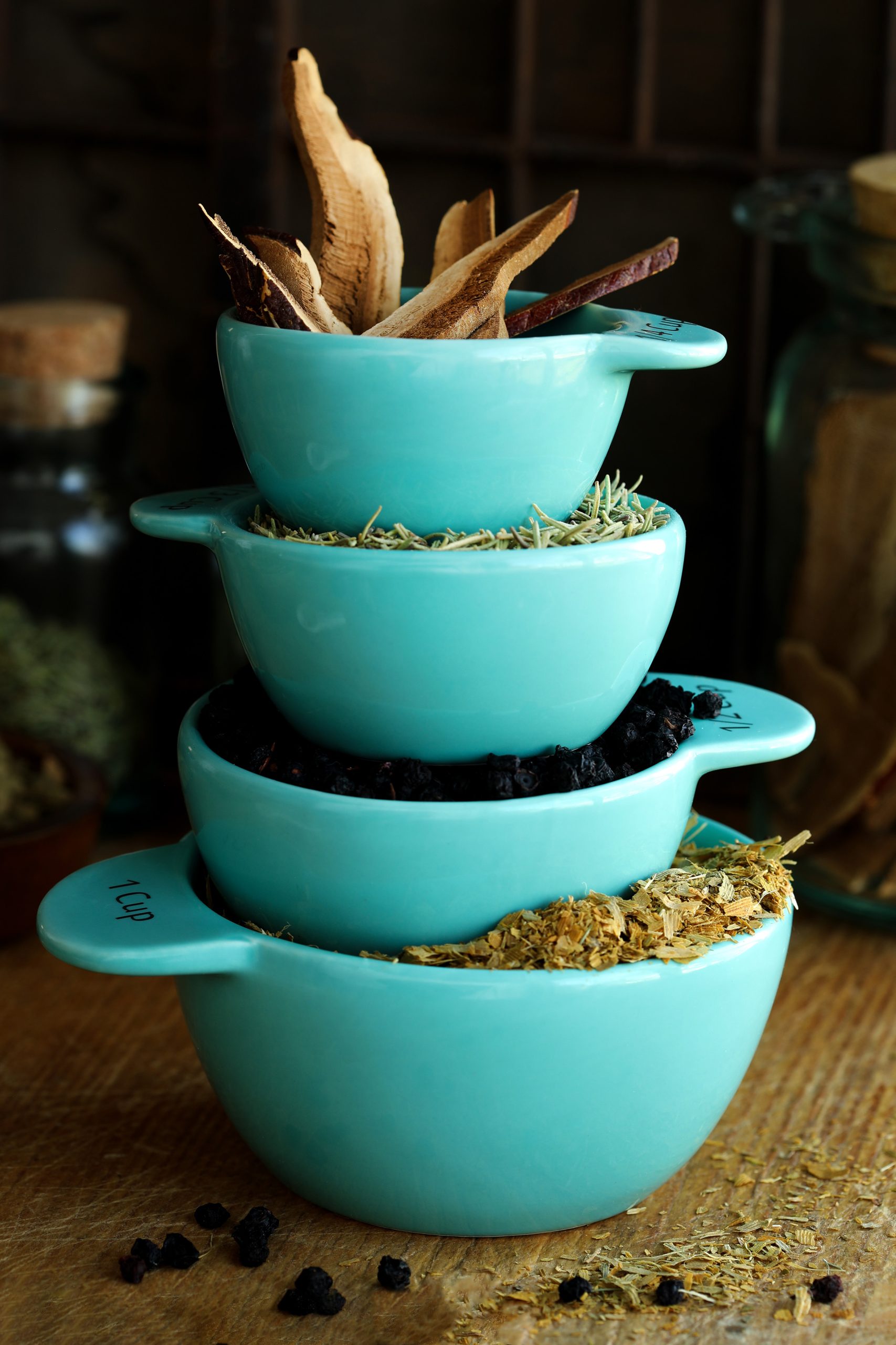 Bright sky blue measuring cups are full of herbal ingredients and stacked high. Reishi mushrooms, rosemary, and bilberries fill the measuring cups which are used to add ingredients in parts to herbal recipes.