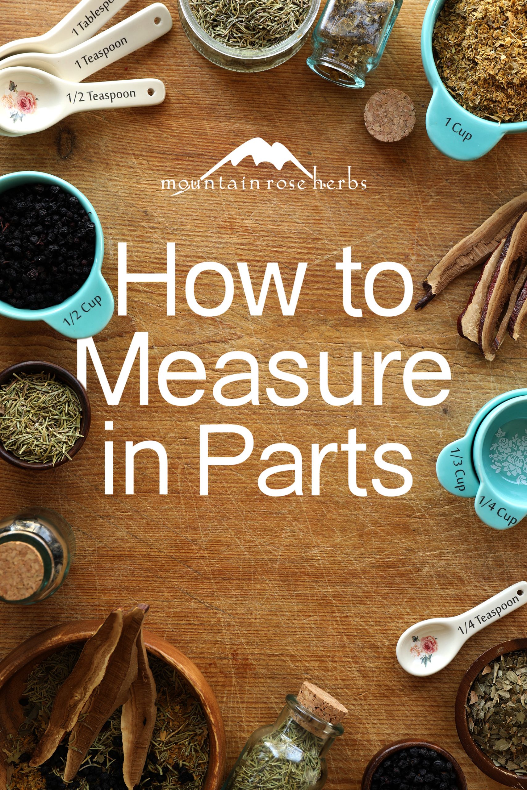 Various kitchen measuring tools are used for to help traditional herbalists measure in parts when making herbal recipes. Reishi mushroom, organic bilberries, rosemary leaf, and gotu kola can be added to herbal recipes in parts when using measuring cups and measuring spoons.