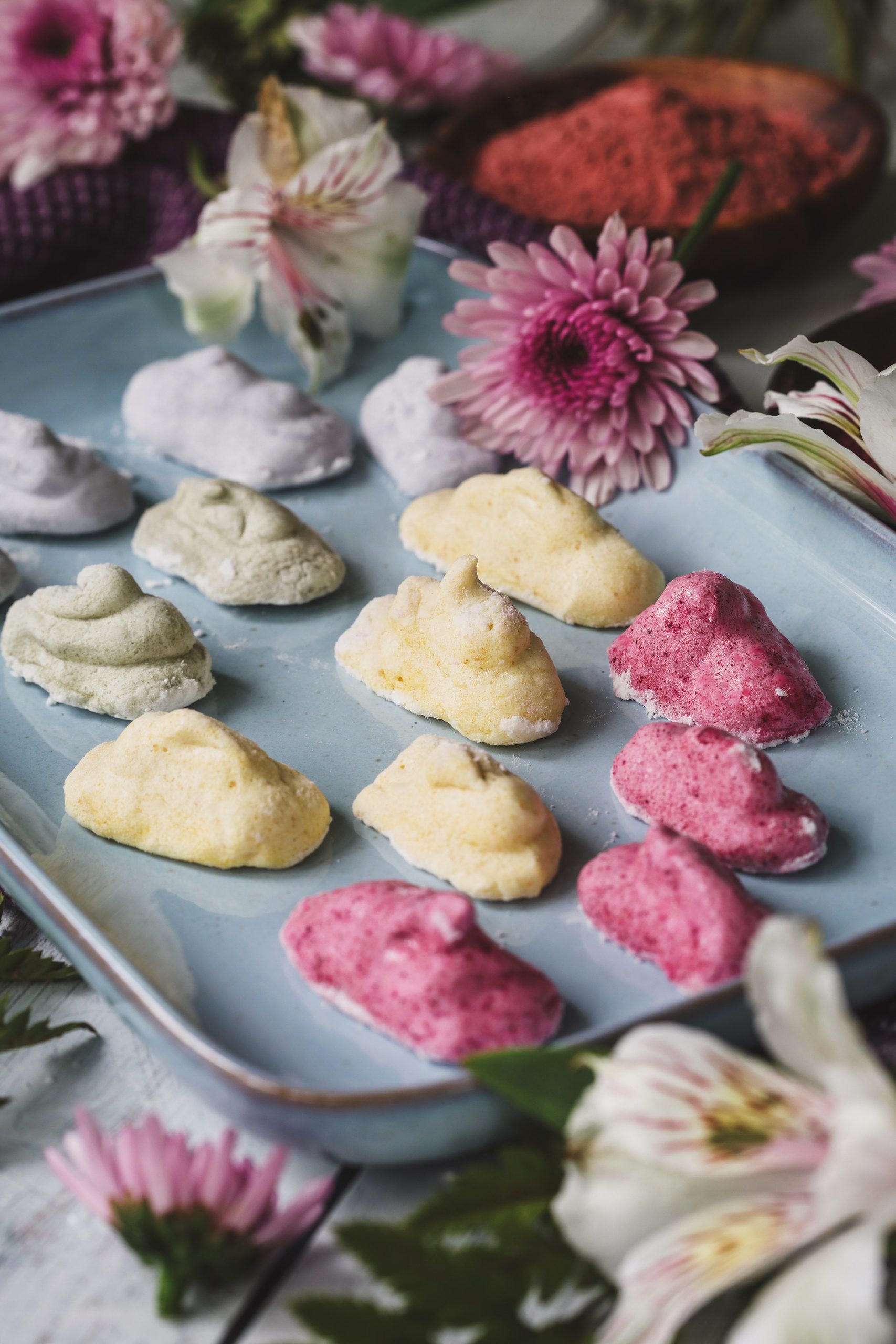 A close up photo of vegan marshallows in various colors