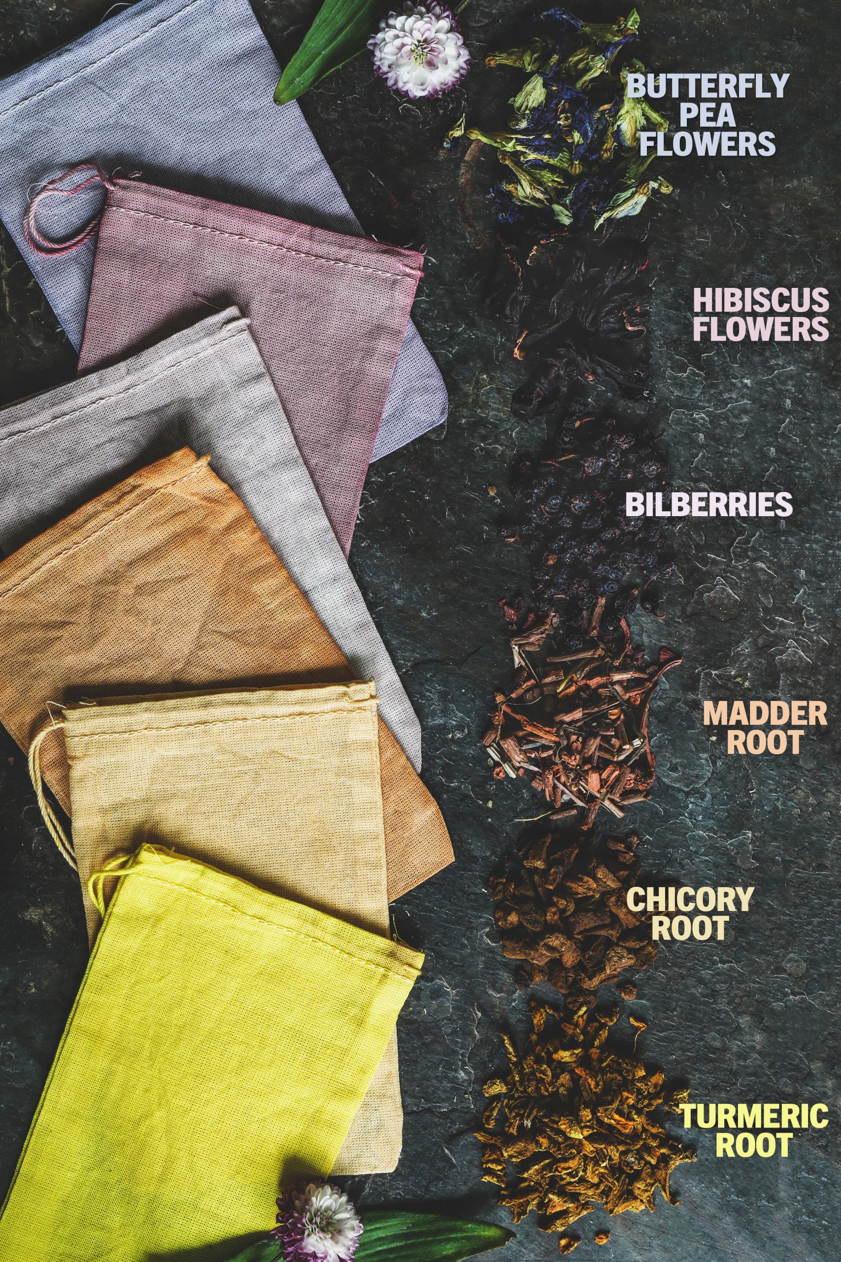 Dyed bags sit beside the herbs used to create the lovely hues