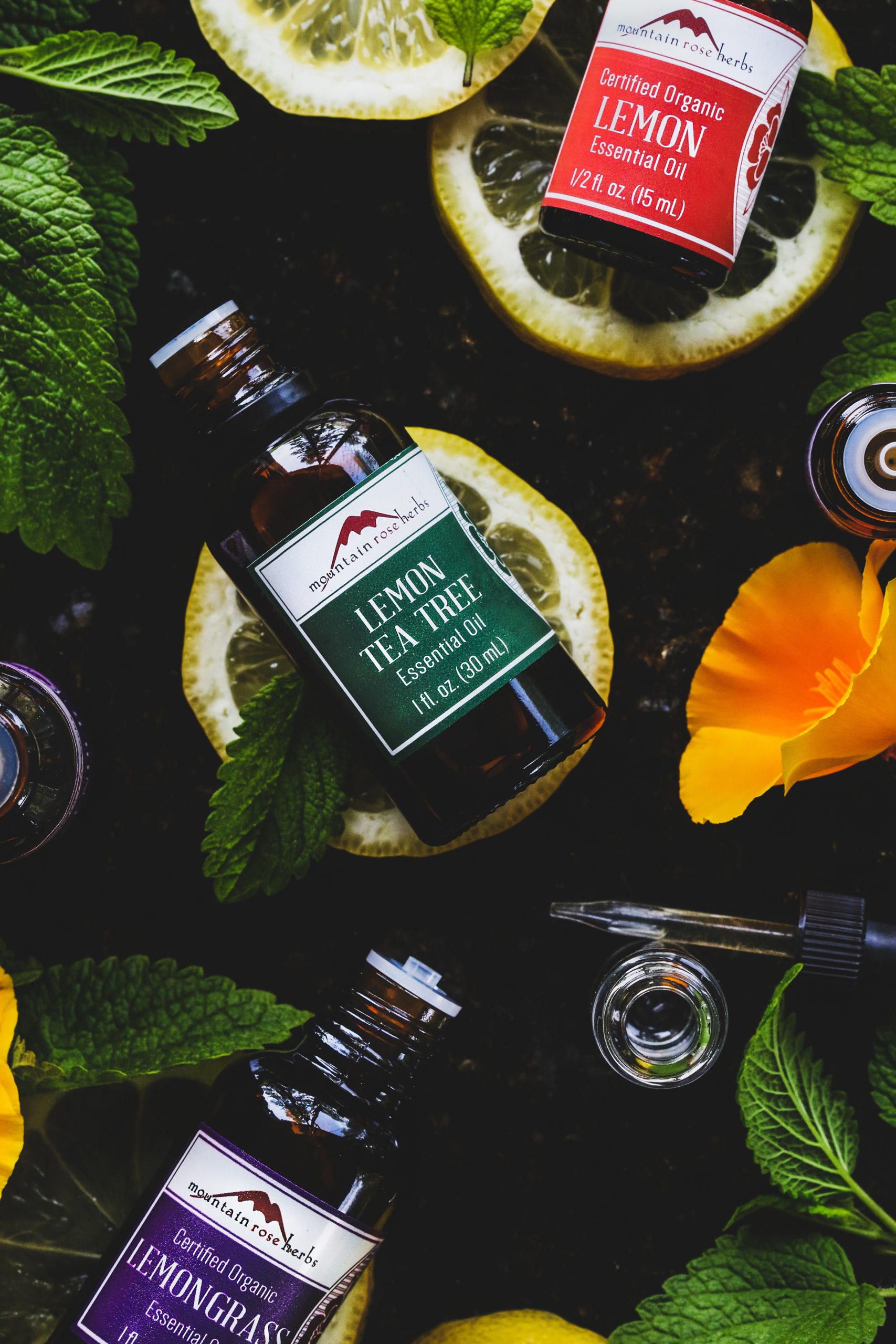 Lemon, Lemon Tea Tree, and Lemongrass essential oils on lemon slices.