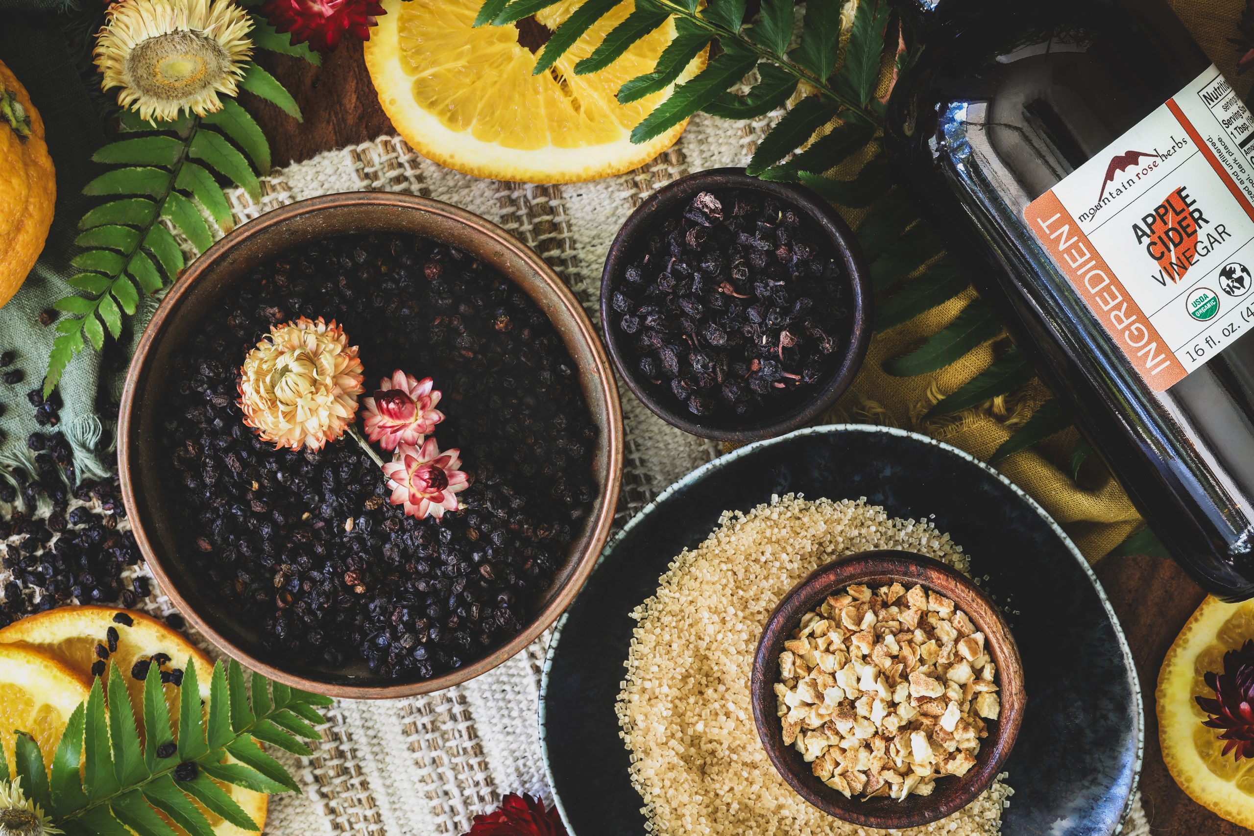 Shrub ingredients lay out on counter top