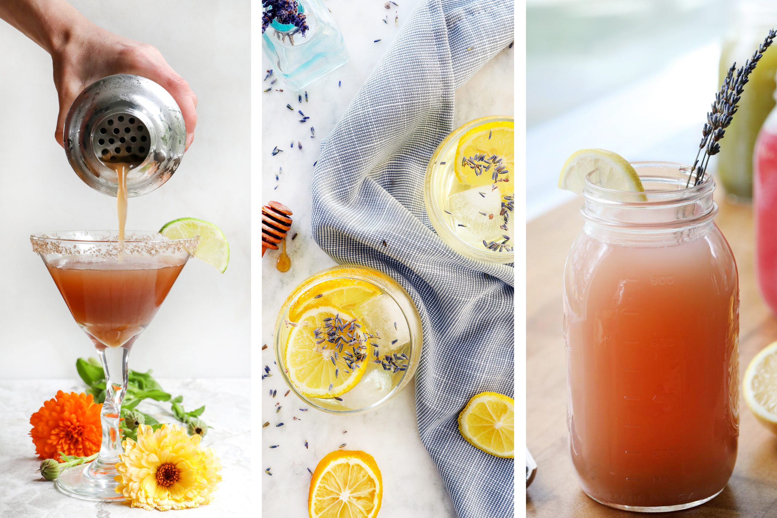 A trio of herbal mocktails and lemonades in glasses with botanicals