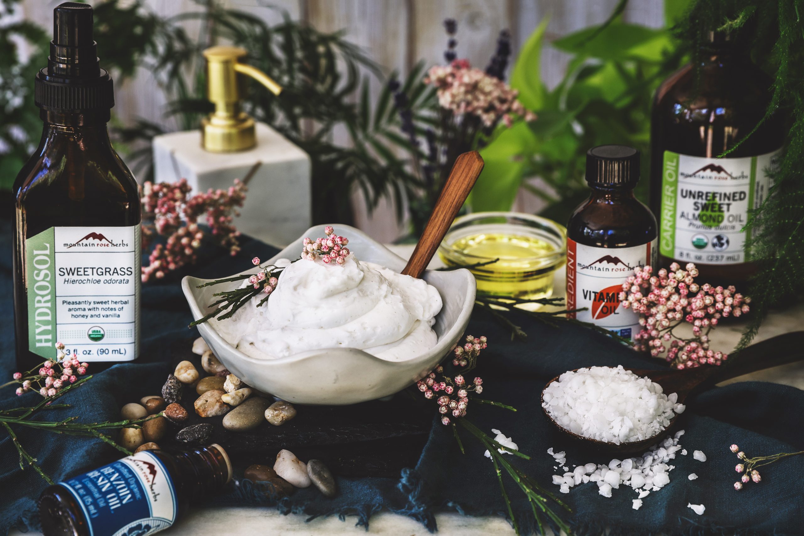 Sweetgrass lotion sits out on table top