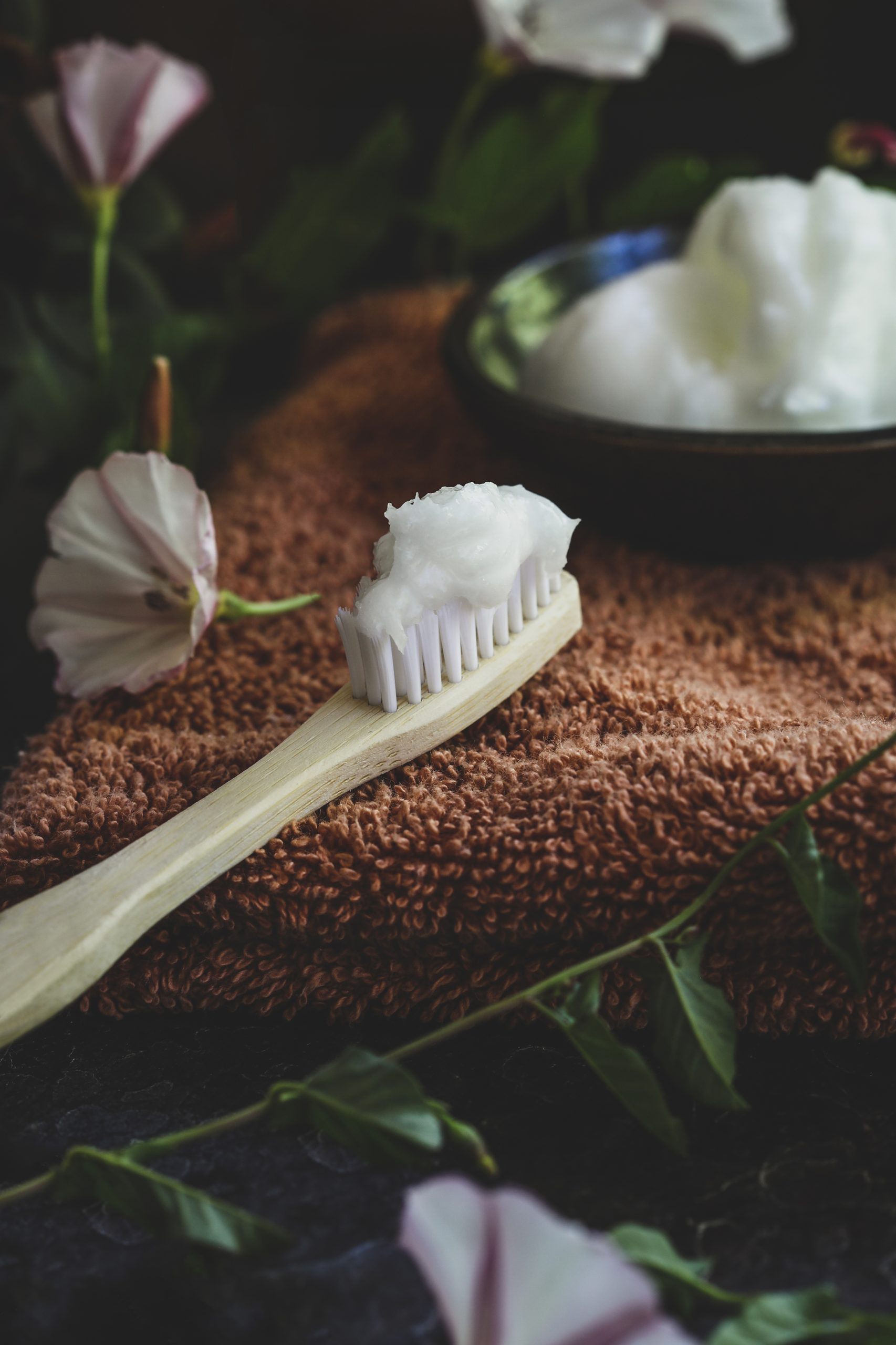 Wooden toothbrush being dipped into homemade toothpaste