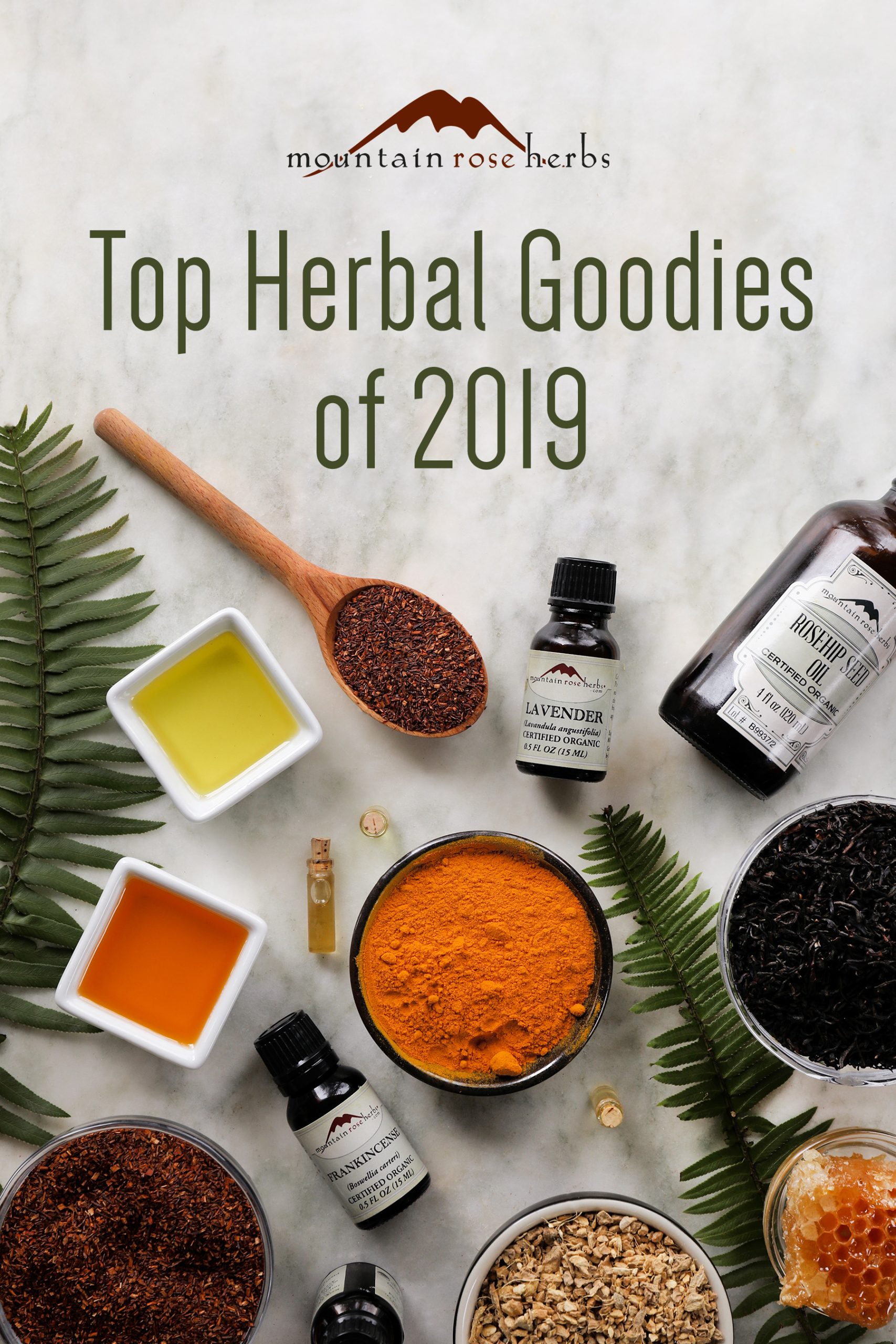 Mountain Rose Herbs top products of 2019 include lavender essential oil, frankincense essential oil, rosehip seed oil, jojoba oil, red rooibus tea, assam black tea, ginger root, and turmeric root powder.