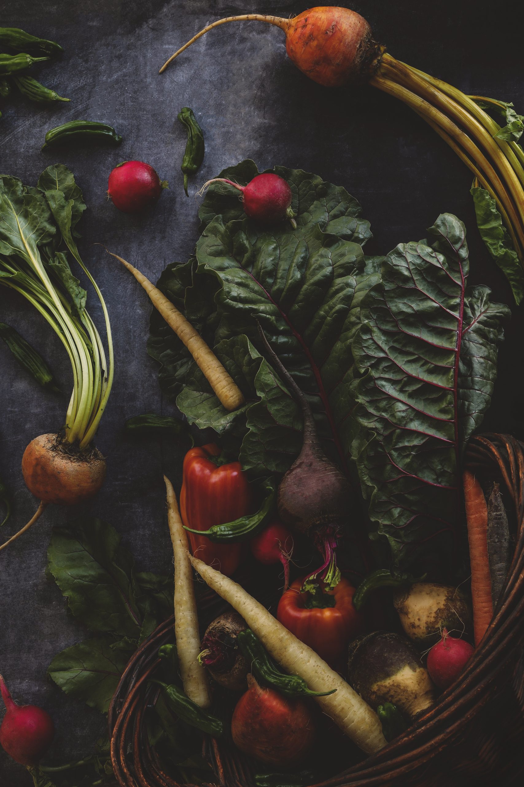 Colorful vegetables on a  deep gray background
