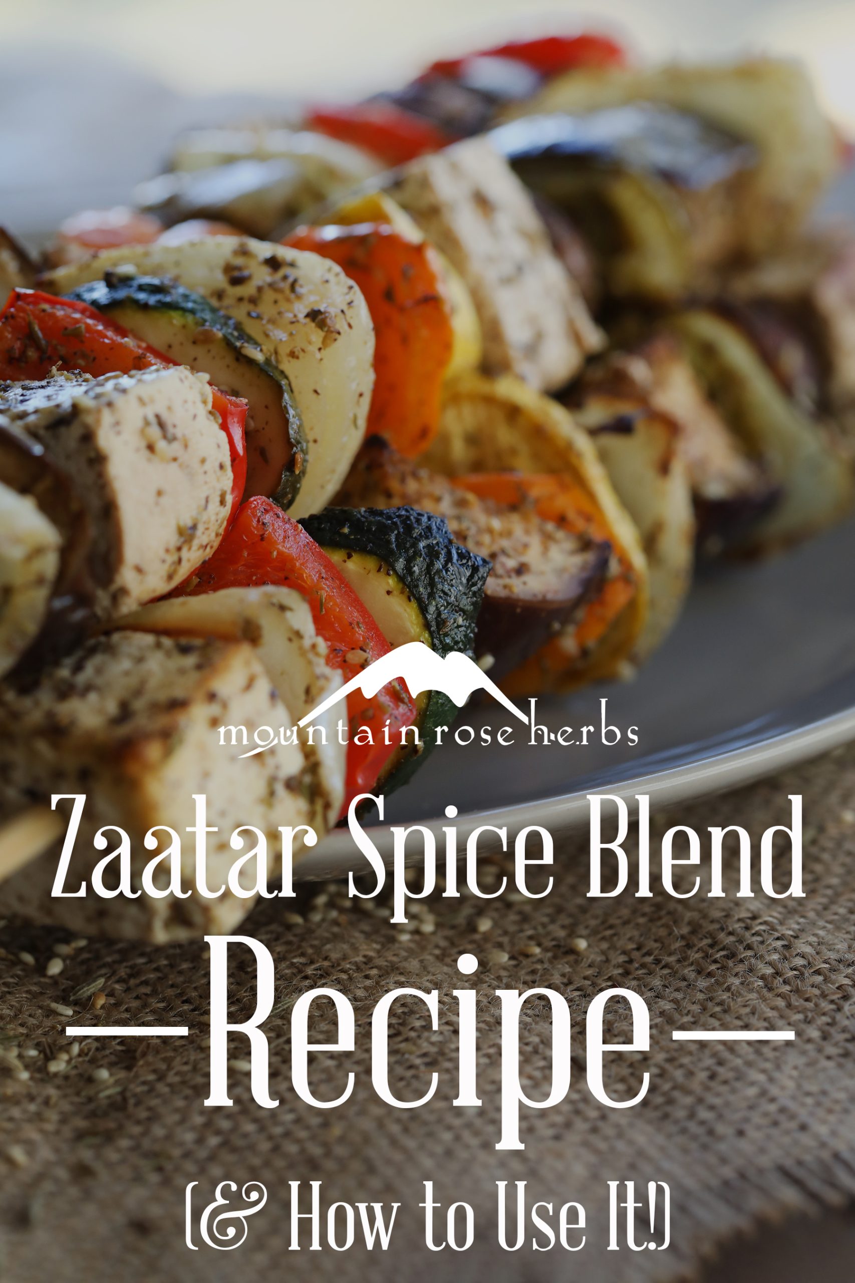 Pinterest Pin of grilled vegetable kebabs on a plate sprinkled with Middle Easter za'atar spice blend.