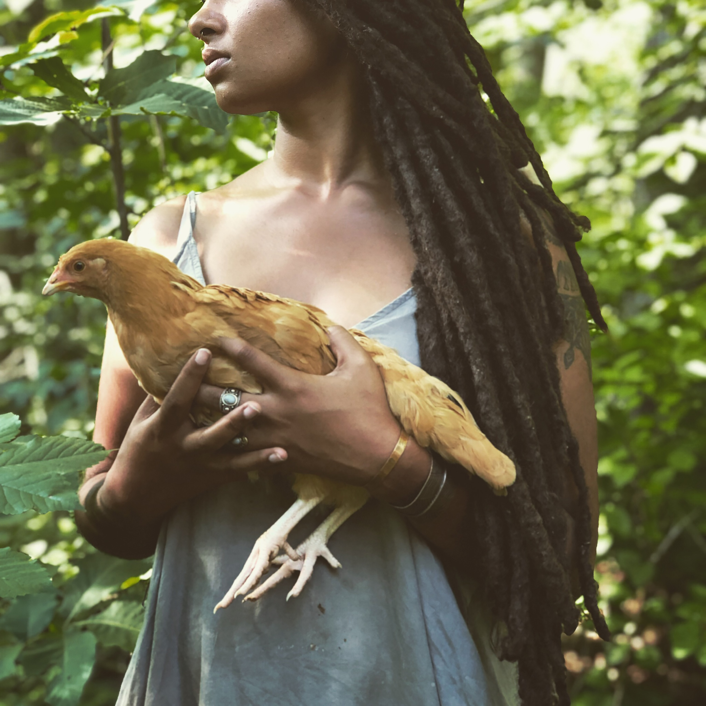 Indy holding a chicken. 