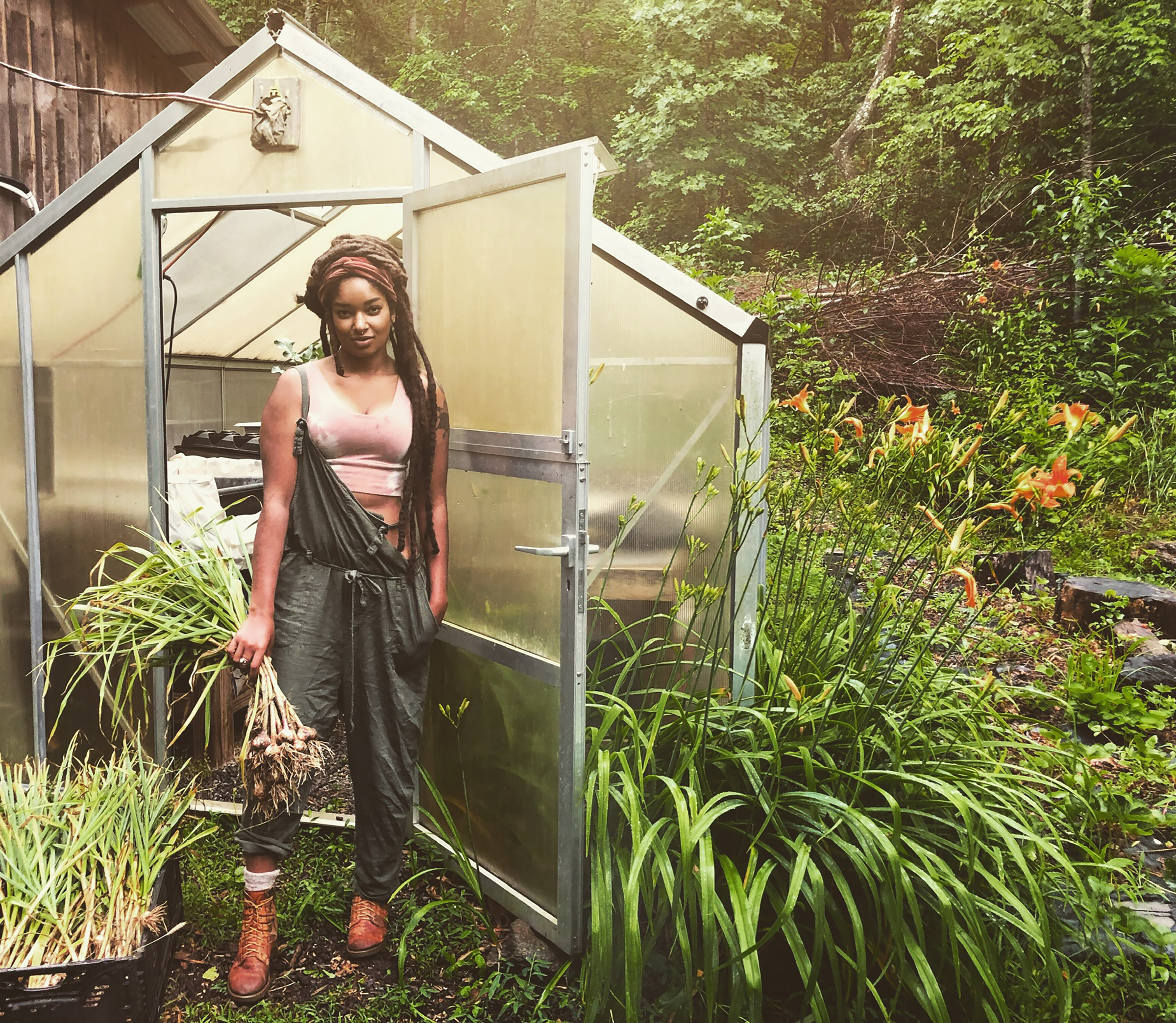 Picture of Indy by a greenhouse. 