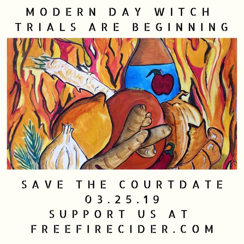 Illustrated campaign poster supporting crowdfunding efforts for the Free Fire Cider court battle that began in March of 2019.