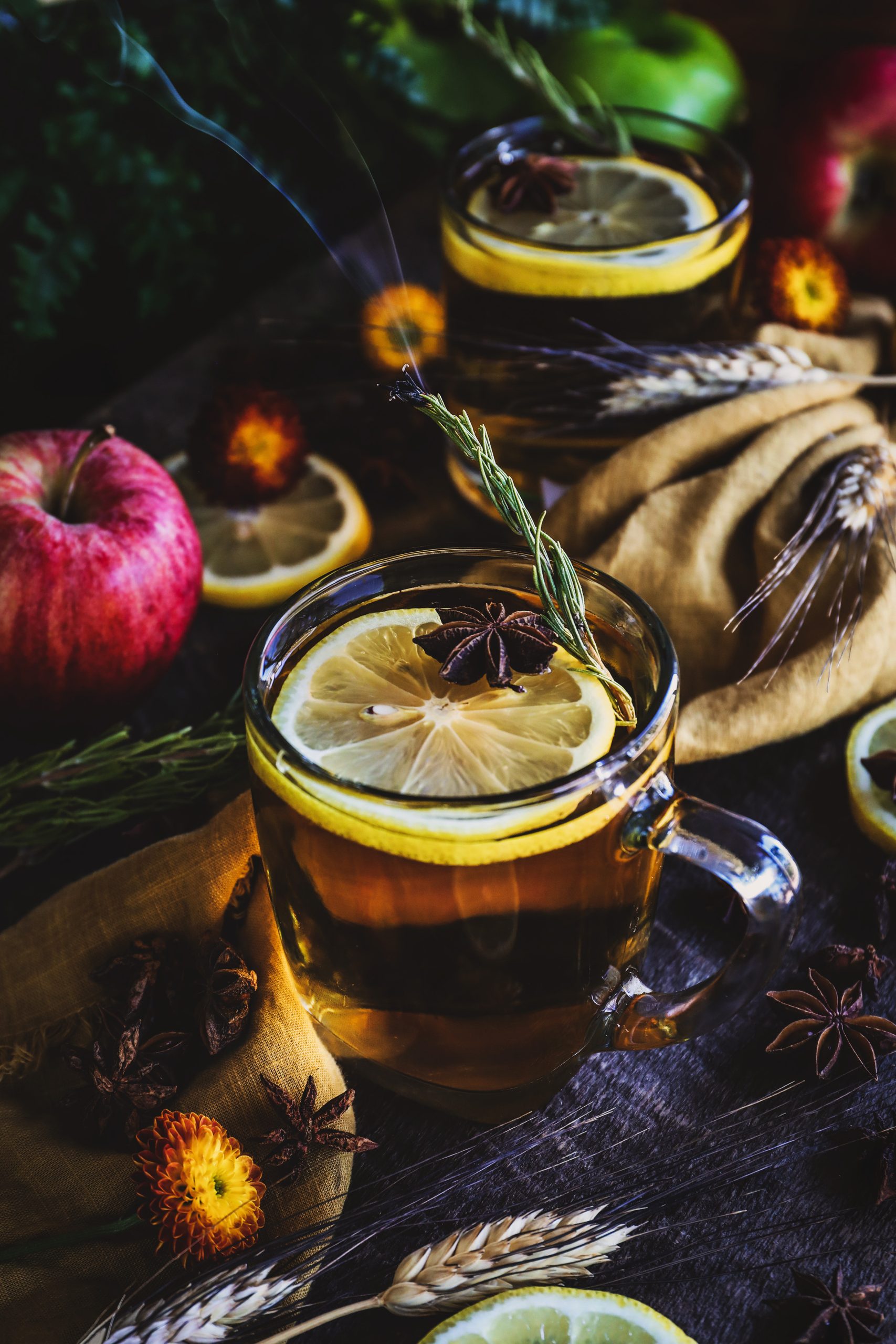 Apple cider mocktails with garnishes
