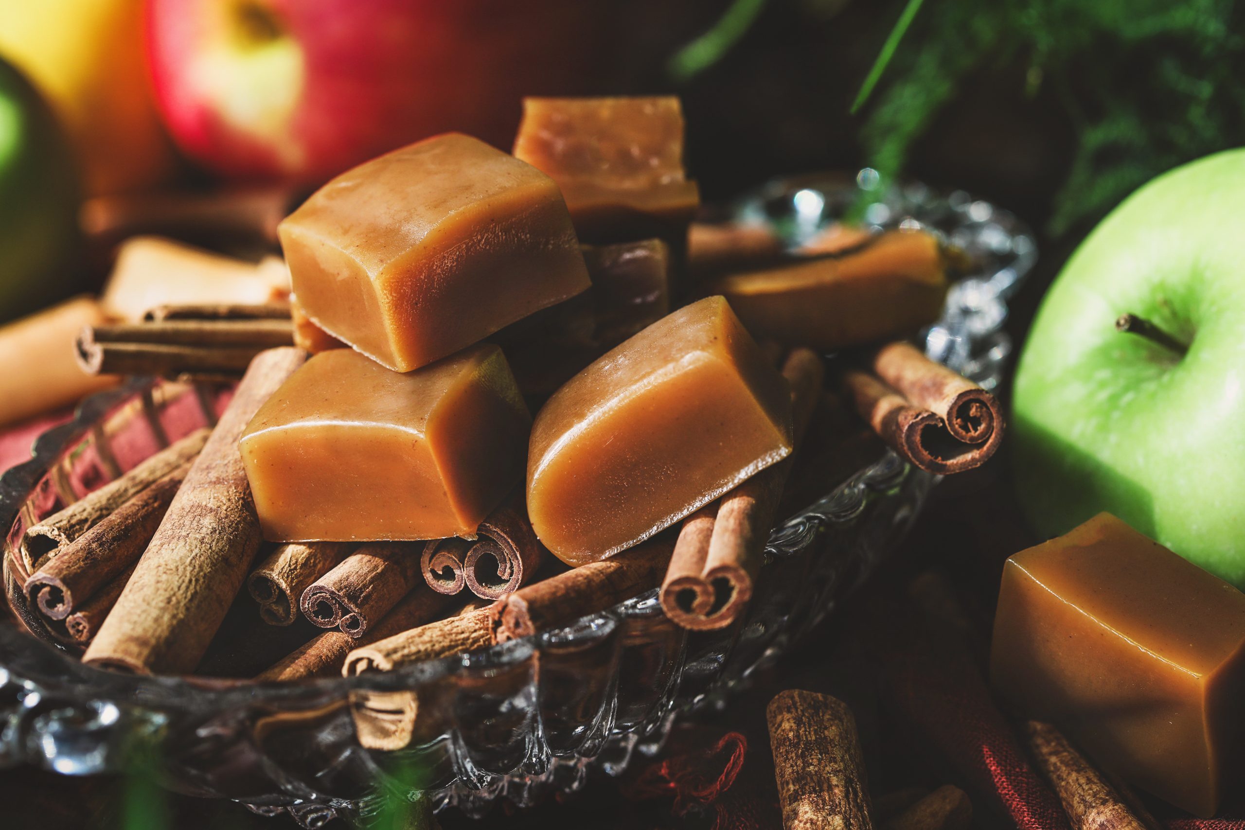 Homemade cinnamon caramels in a stack