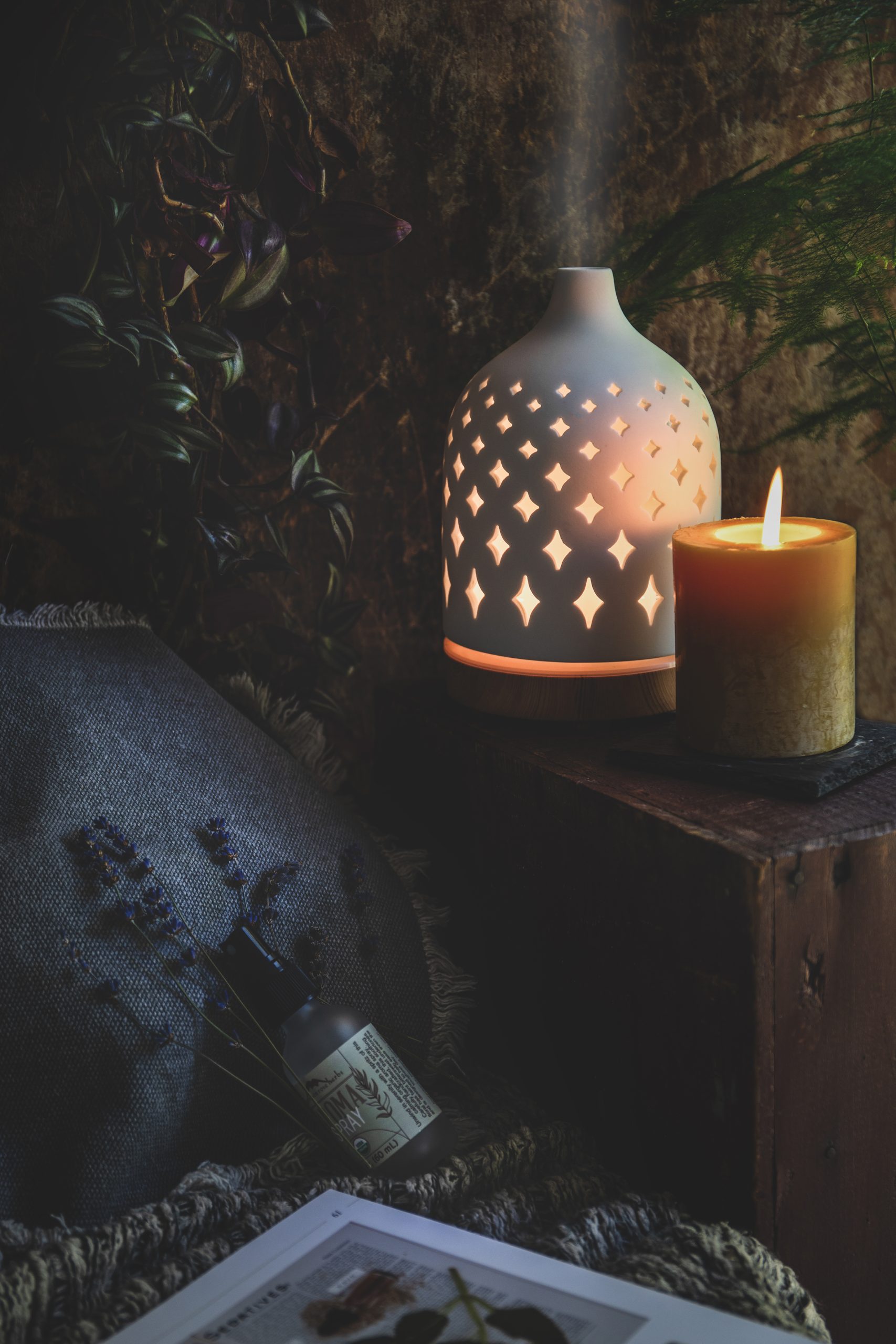 Ceramic white diffuser in soothing dark background. 
