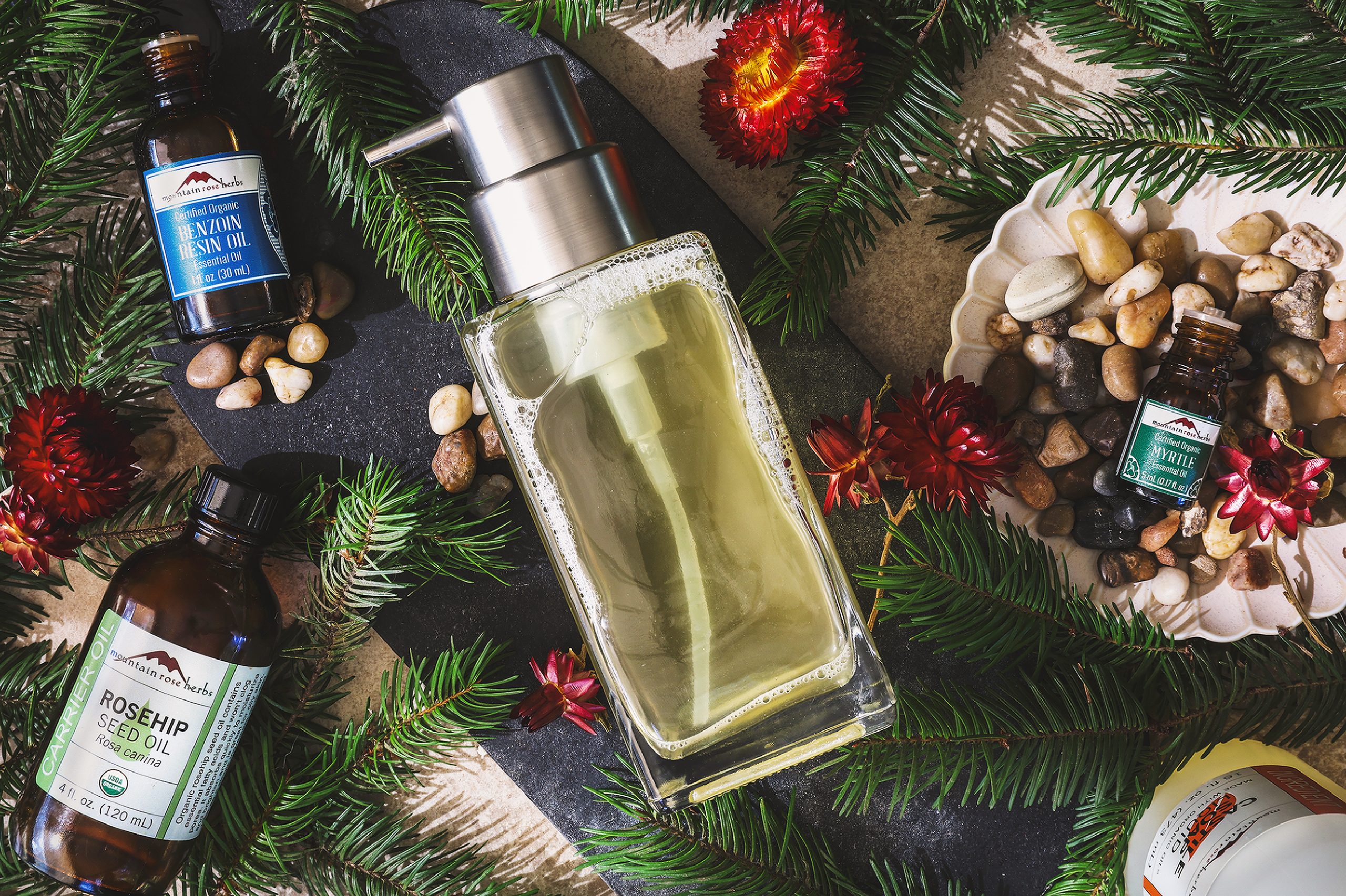 An overhead photo of evergreen scented foaming hand soap