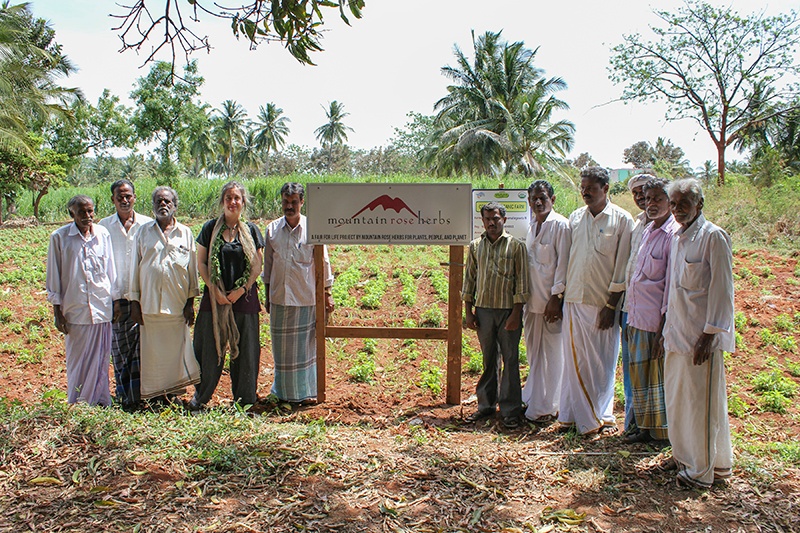 Fair trade farmers in India standing around Mountain Rose Herbs sign in their certified organic field.