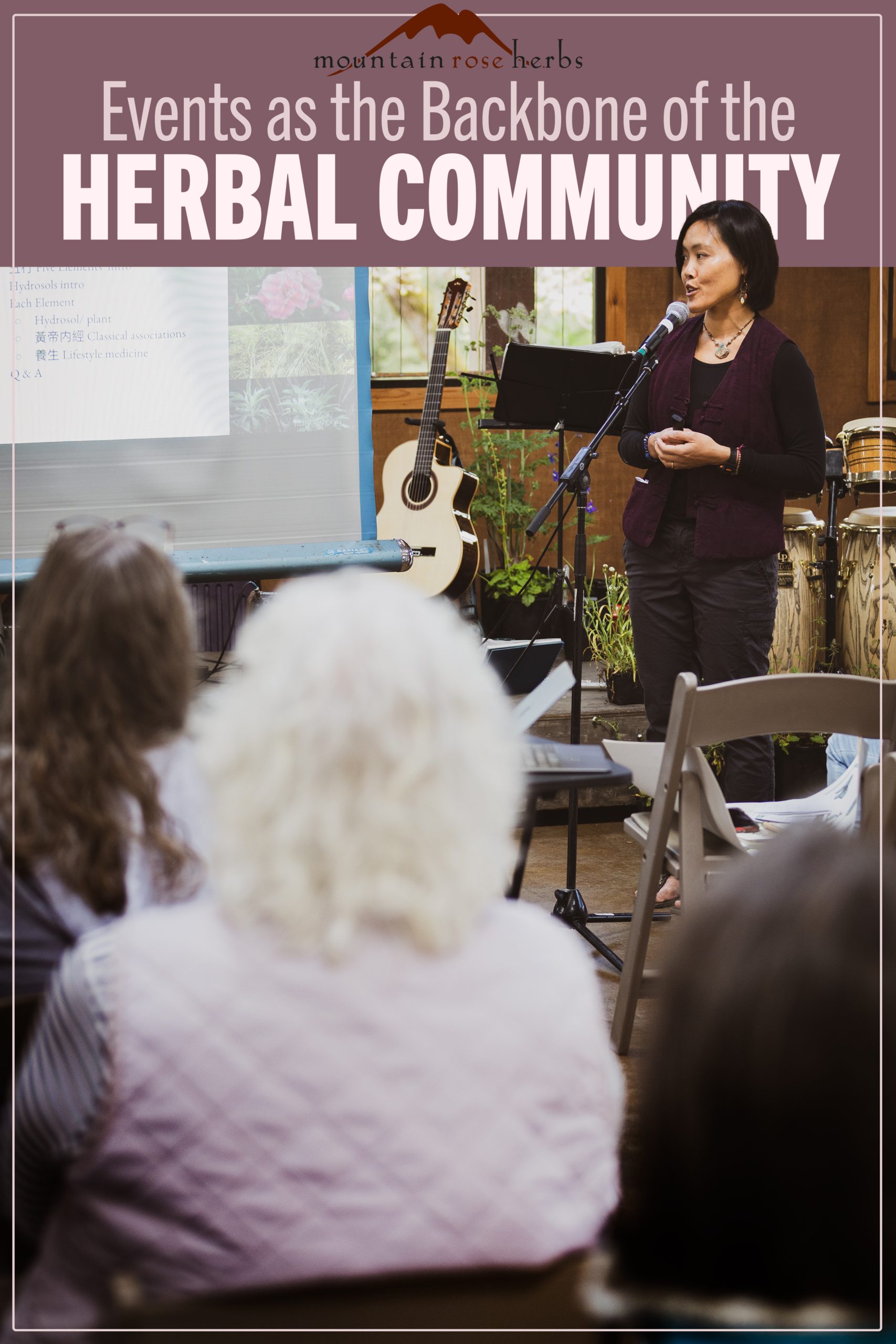A presentation during an herbal conference with a projector and an attentive audience. Photo links to Mountain Rose Herbs Pinterest.