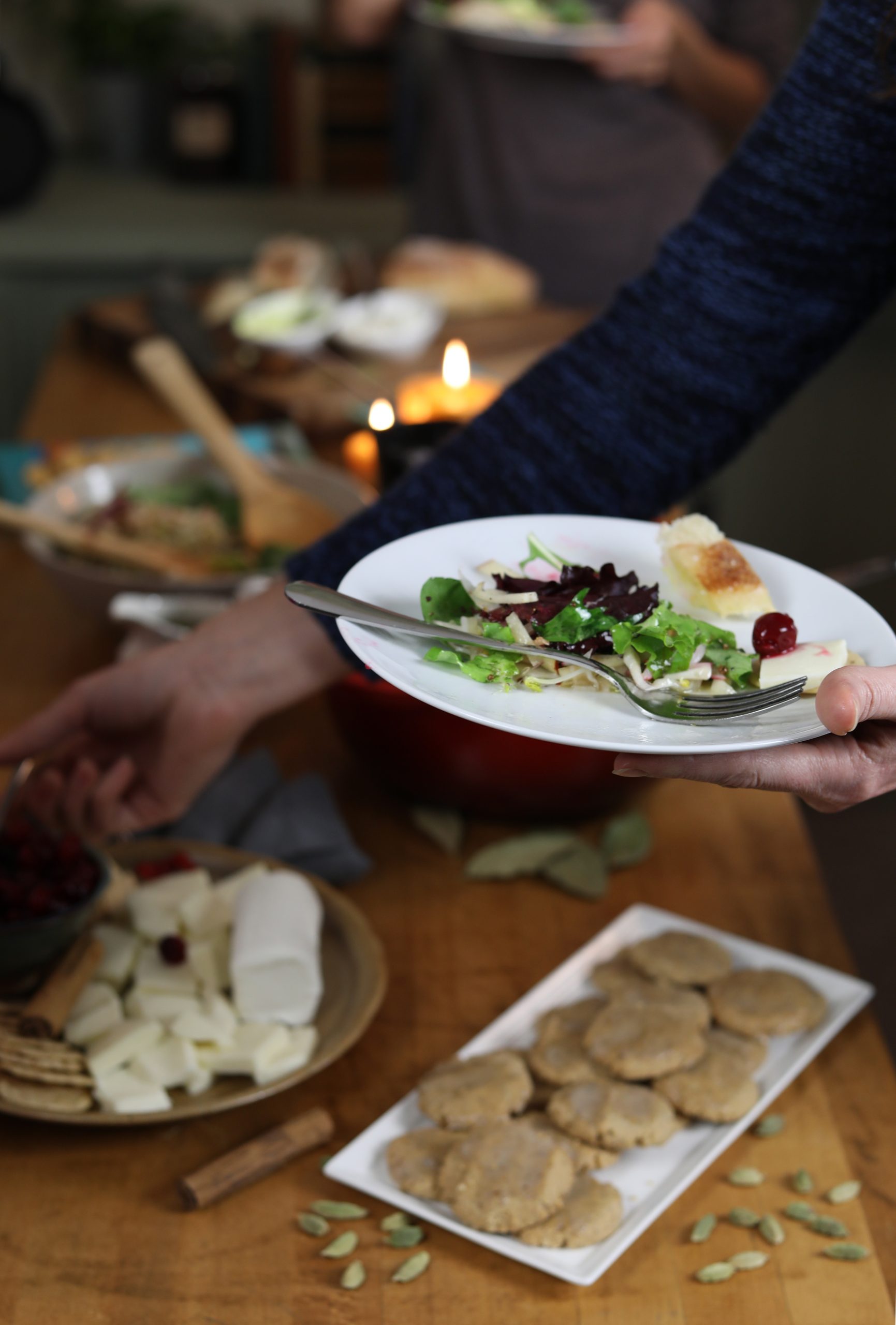 Hand holding fresh salad, reaching for cranberries  and cheese, hovering over group meal table