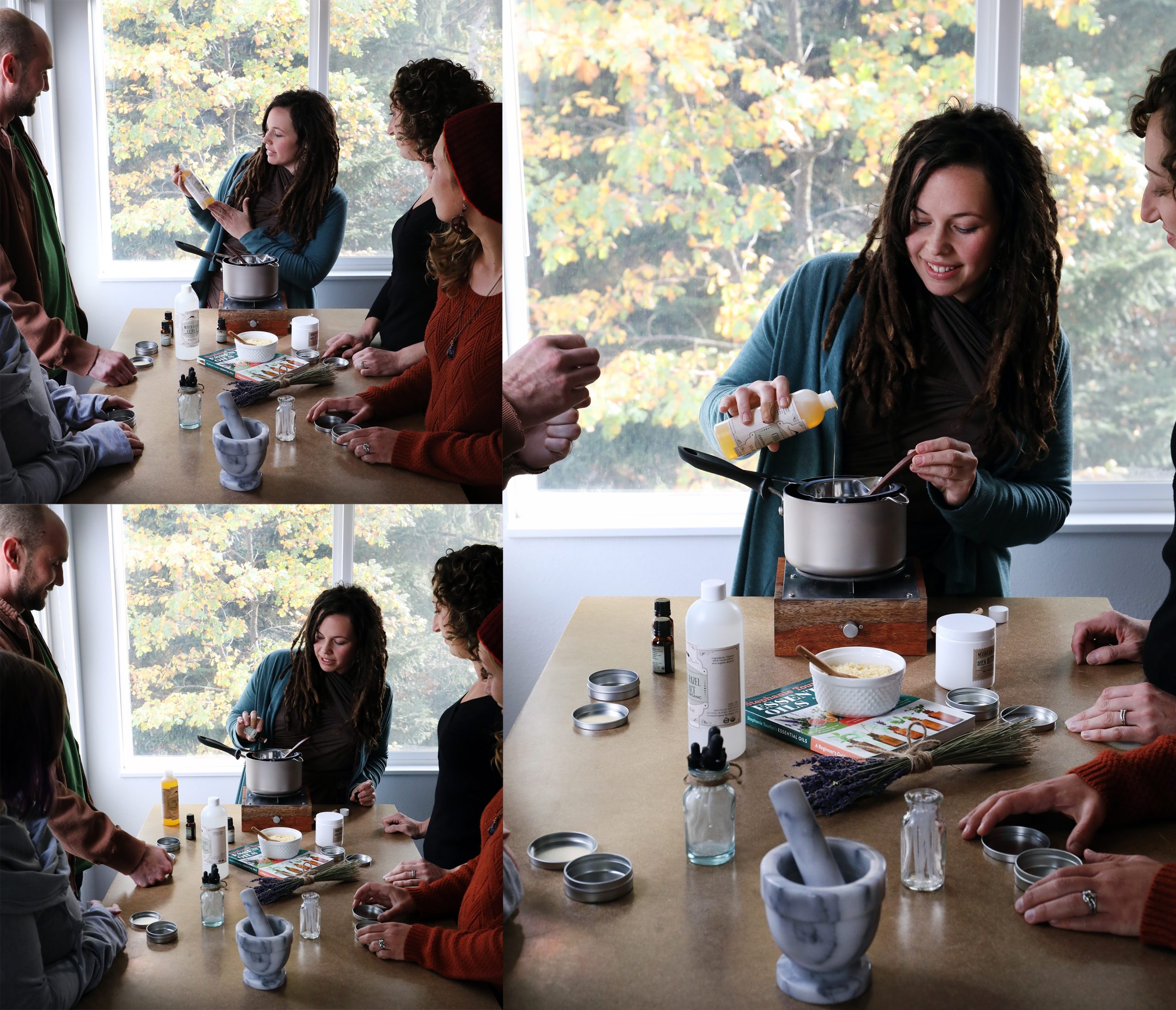 Woman teaching herbalism class to small group of adults.