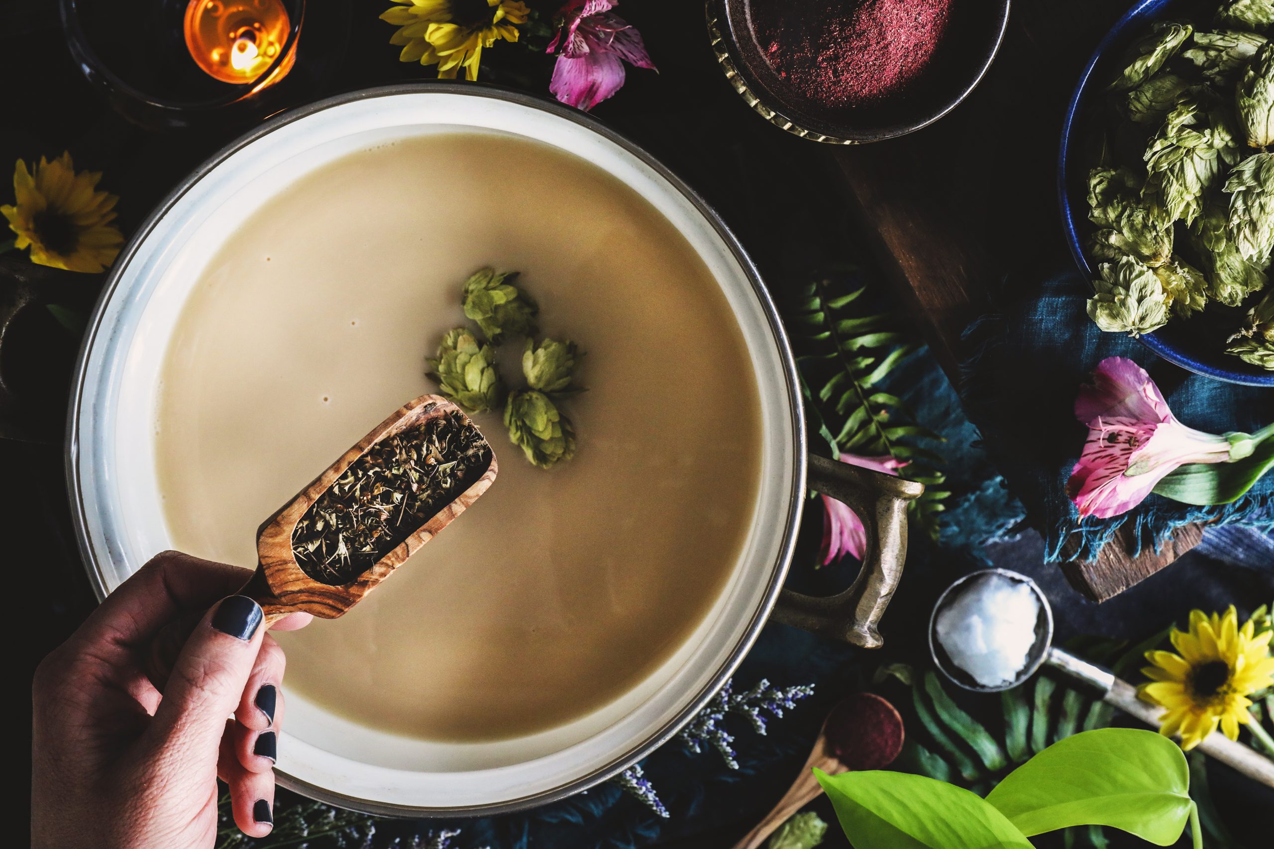 Tulis is added to a warm pot of oat milk