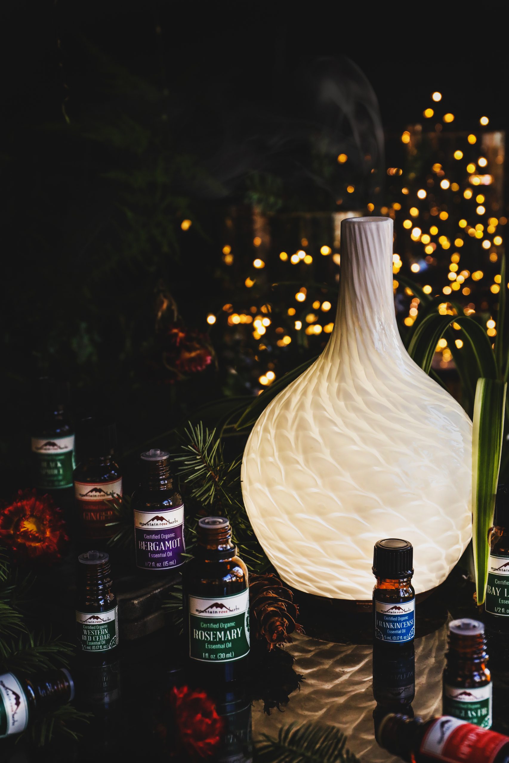 Winter Essential Oils around beautiful glass diffuser. 
