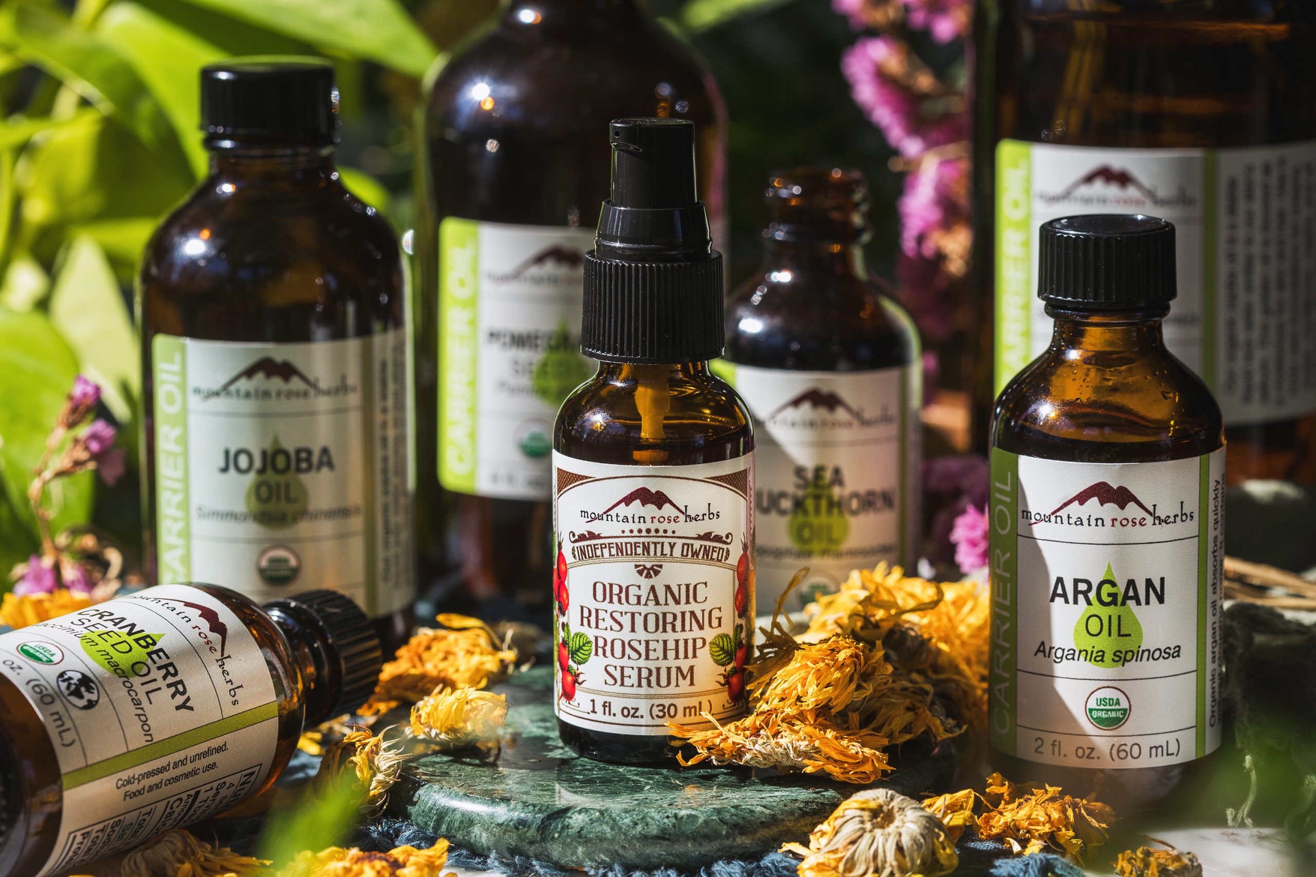 An assortment of carrier oils around a bottle of restoring rosehip serum