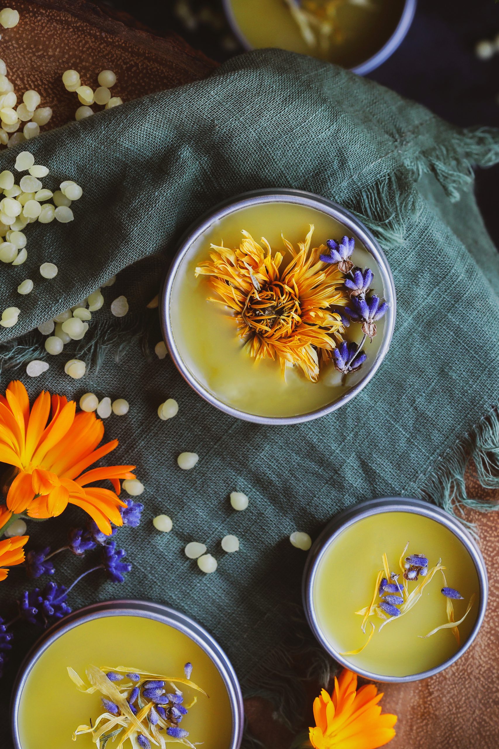 An overhead photo of calendula salve in metal tins