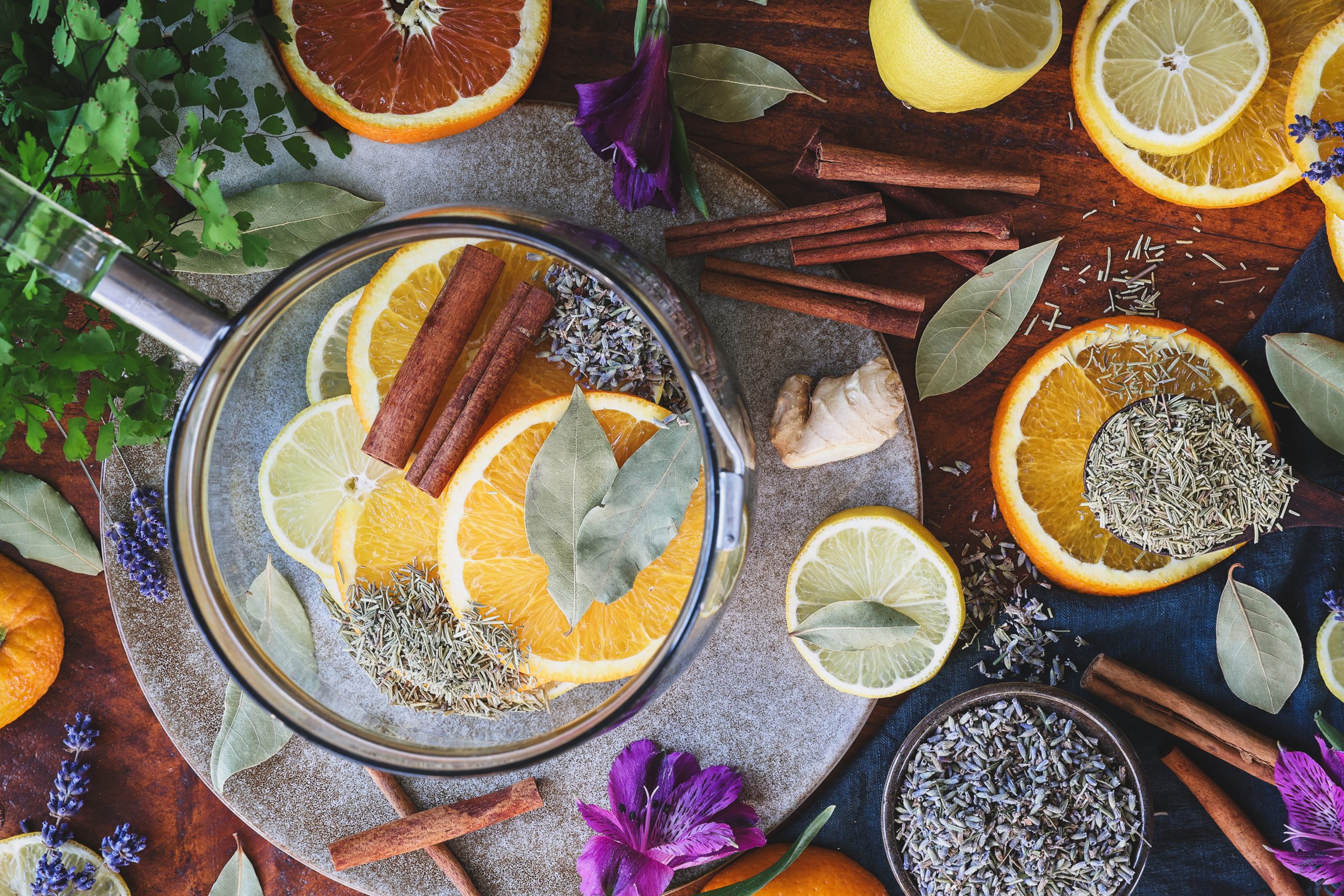 An overhead shot of ingredients for an herbal simmer pot