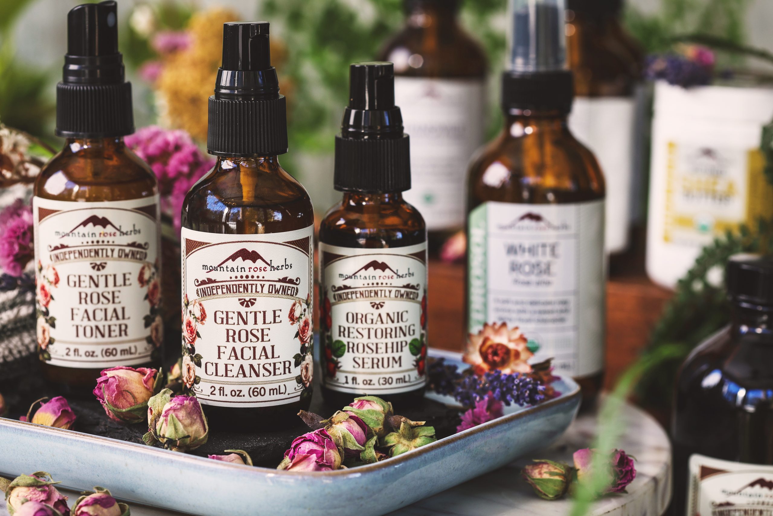 A horizontal photo of the Mountain Rose Herbs facial care line