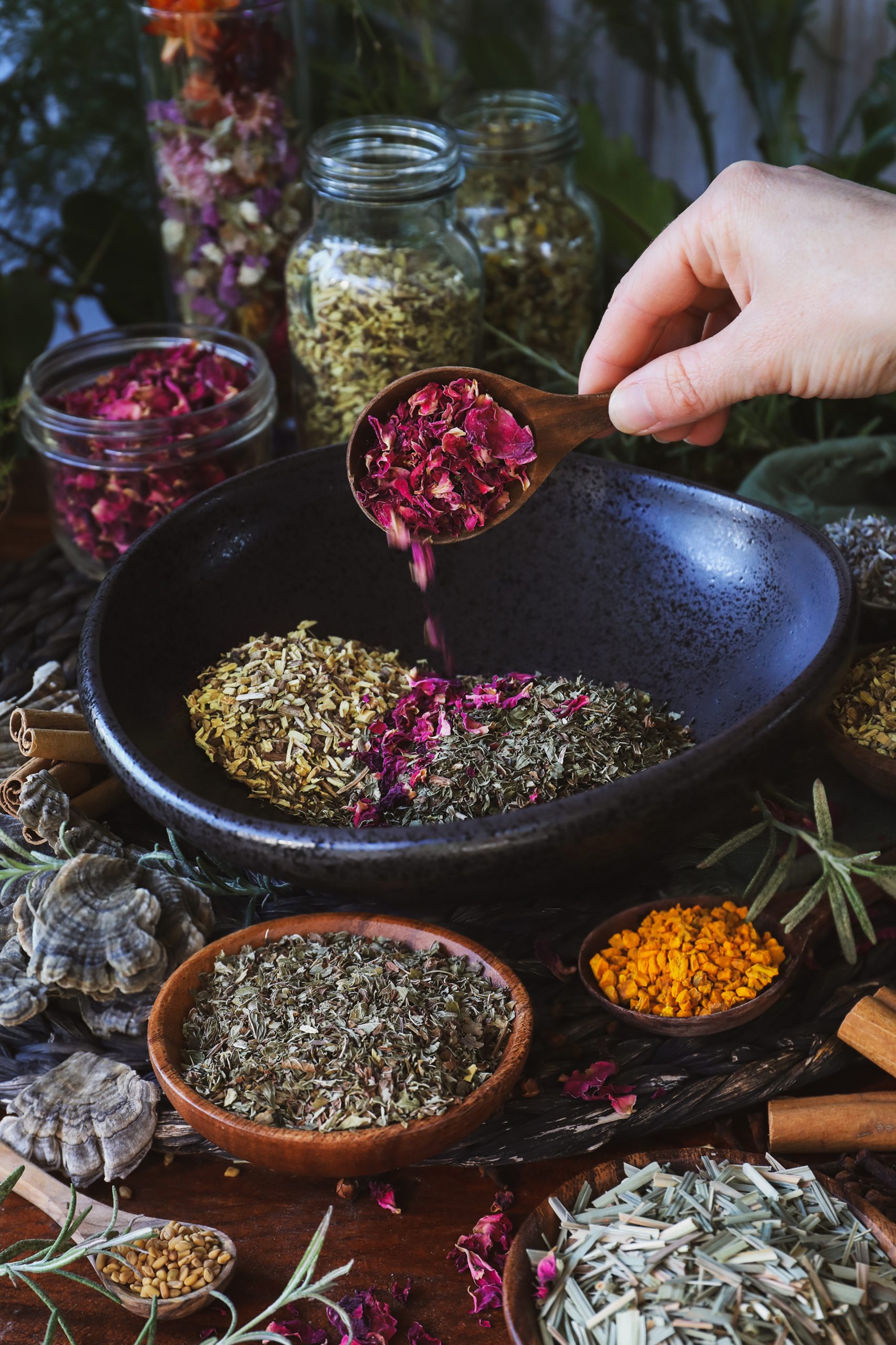 A photo of dried herbs being blended into a tea